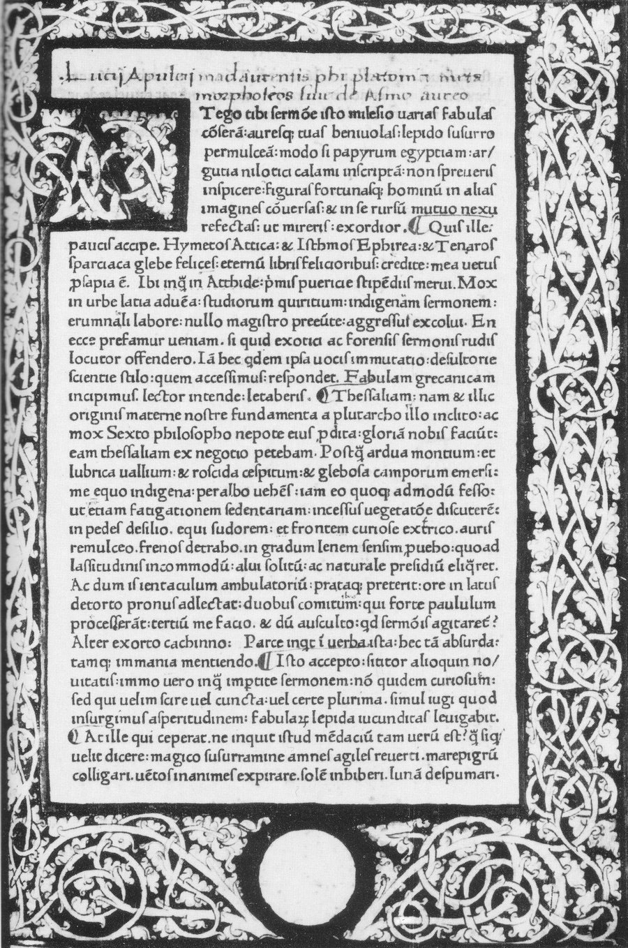The first printed page of these chapters: Apuleius, Metamorphoses 1.1–1.3 in the first edition, Rome, 1469