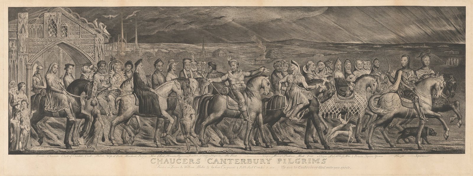 The company sets out from the Tabard, its gate at the left. William Blake engraved the whole procession on the road out of Southwark