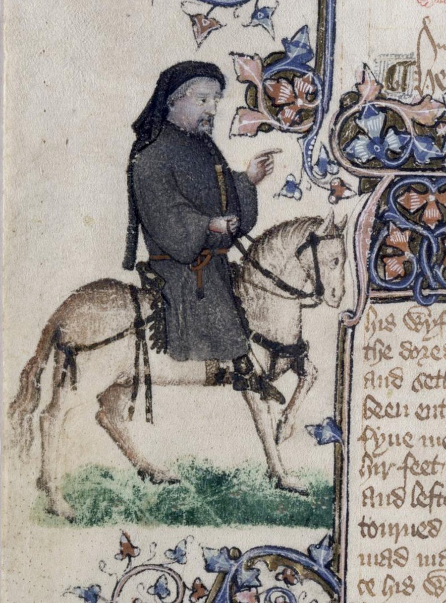 The Canterbury Tales — interlinear Middle English–English · Chaucer on horseback, the Ellesmere manuscript
