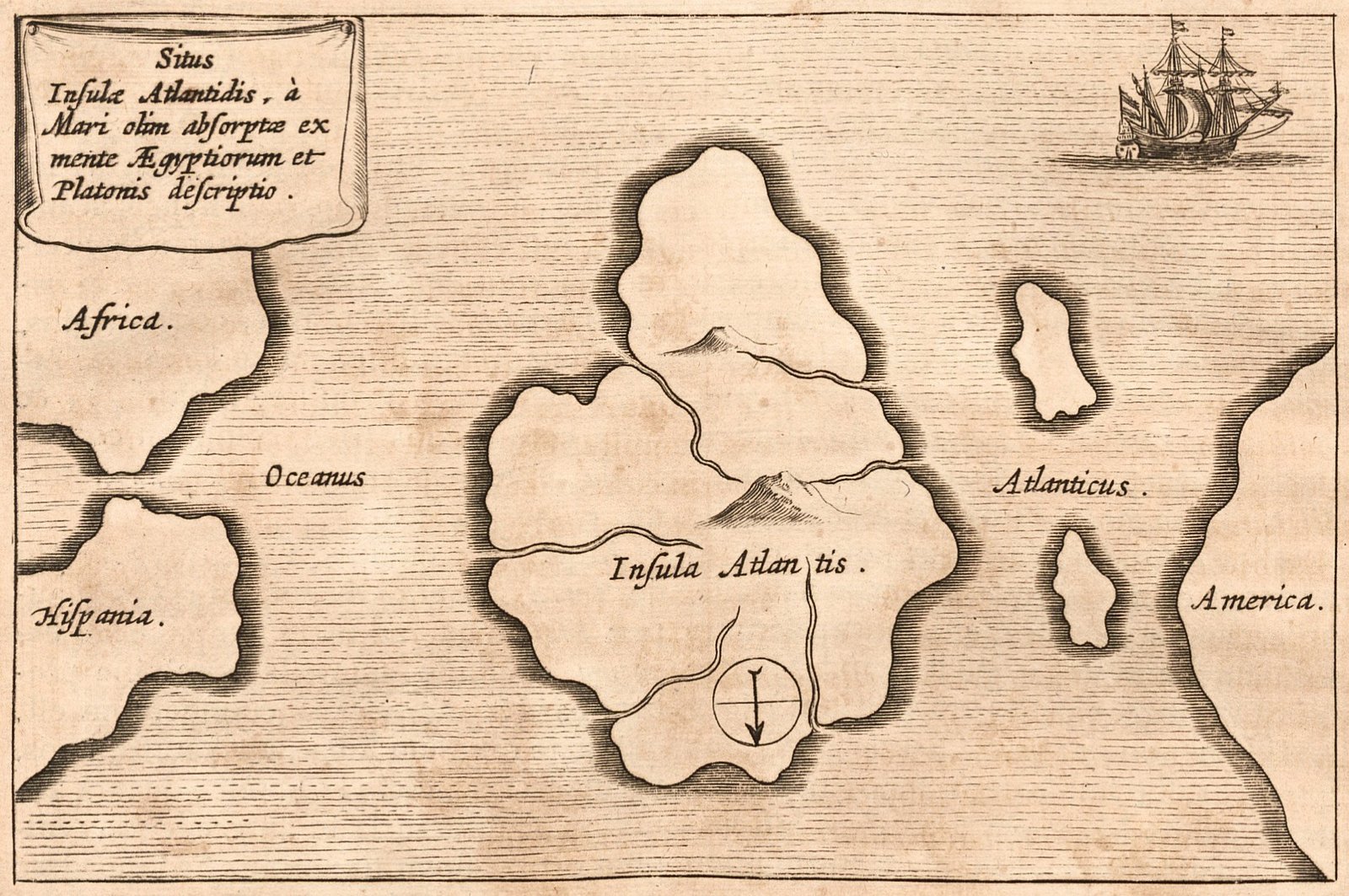 Atlantis as Athanasius Kircher drew it from Plato, with south at the top: Africa and Spain upper left, America at the right — Plato, Critias