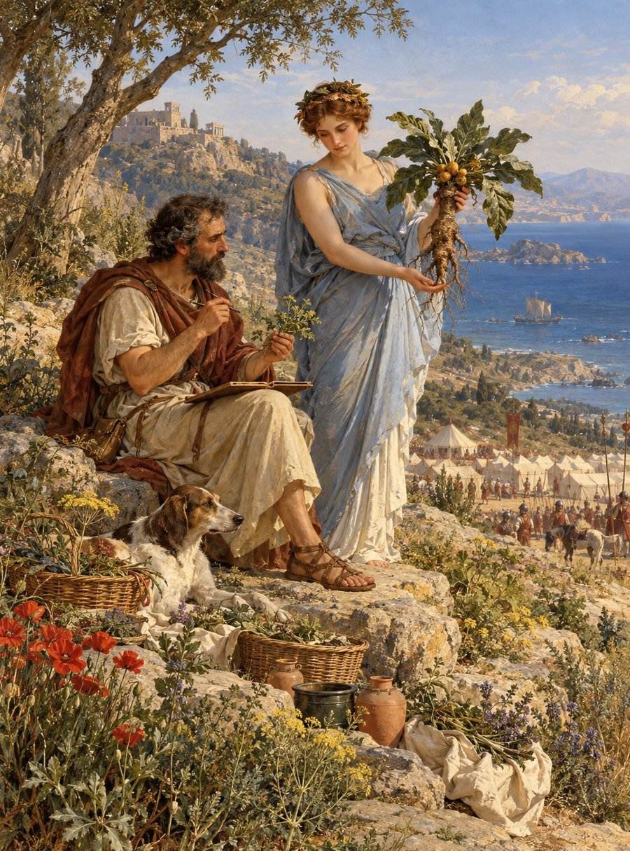 Dioscorides, De Materia Medica — interlinear cover · Discovery hands Dioscorides the mandrake