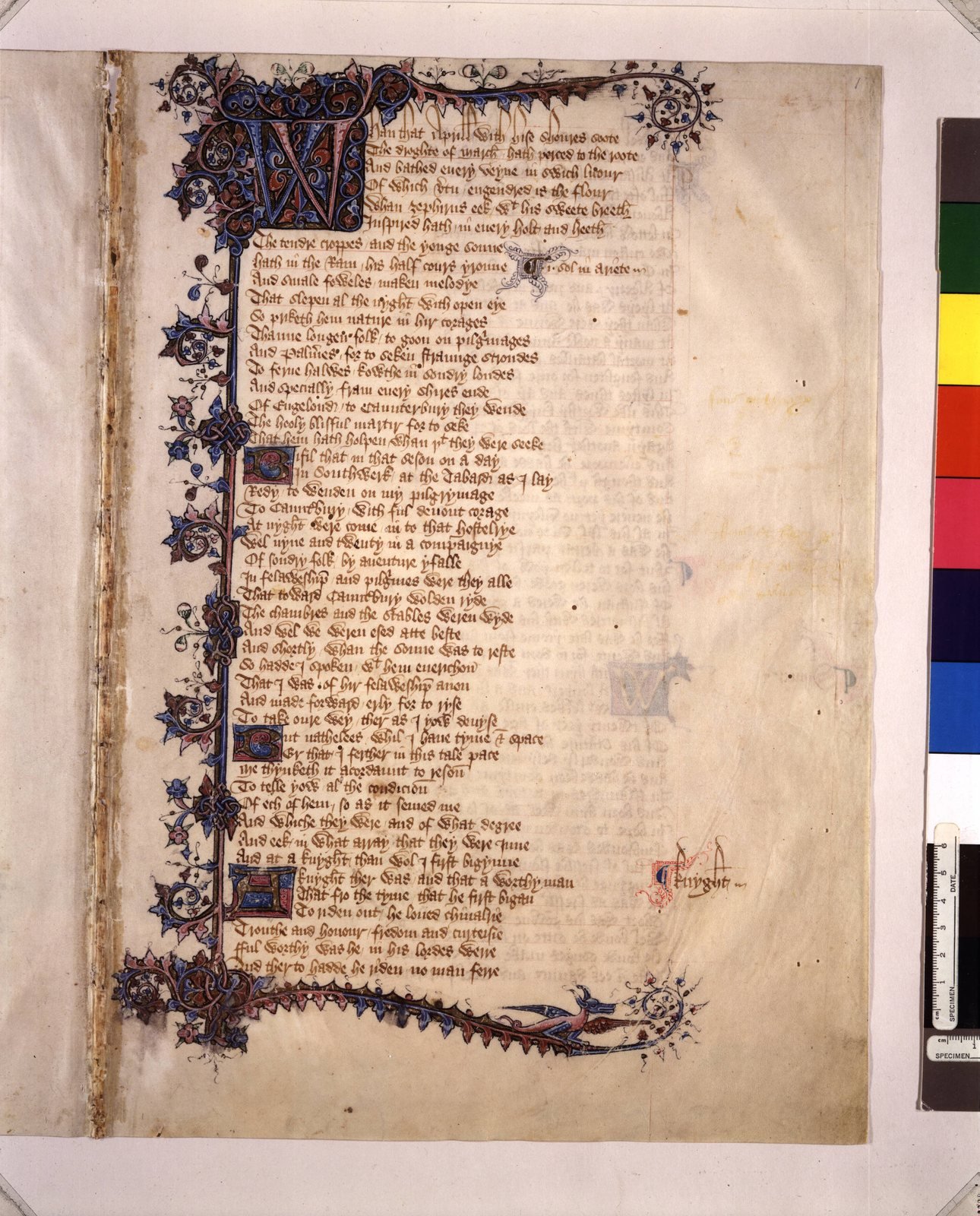 “Whan that Aprill…”: the first page of the Tales in the Ellesmere manuscript, written in London within a few years of Chaucer’s death. The pilgrims’ names are marked in the margin; the Knight’s portrait begins at the foot