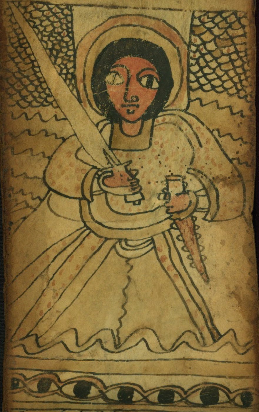 The archangel Phanuel, from an Ethiopian protective scroll. Enoch names him with Michael, Raphael and Gabriel as the four who stand before God (1 Enoch 40:9).