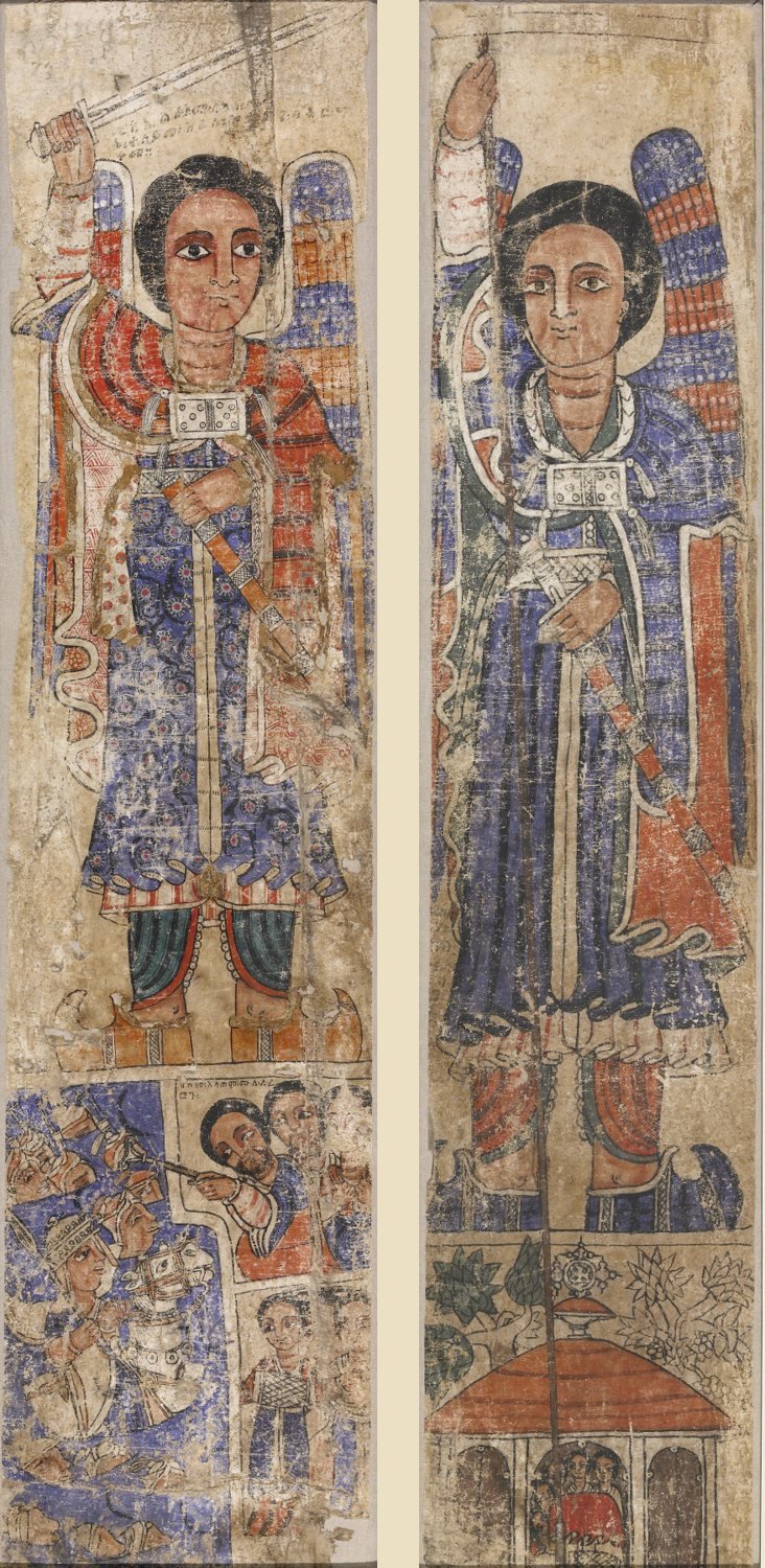 The archangels Michael and Raphael, painted panels that once guarded the sanctuary door of an Ethiopian church. In Enoch 10 Raphael binds the fallen angel Asael, and Michael binds Semyaza.