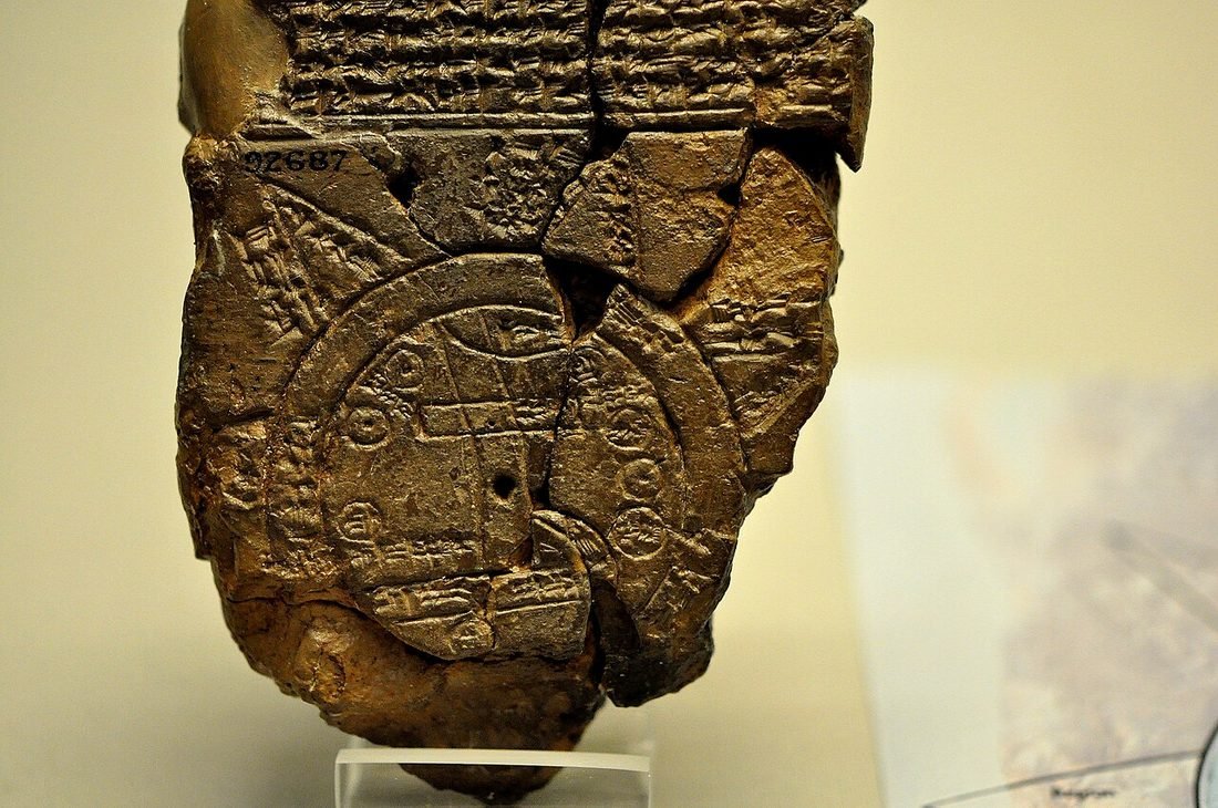 The world as a Babylonian drew it: the land as a disc, Babylon near the middle, and around it a ring of bitter water. Clay tablet from Sippar, about 700-500 BC (British Museum 92687).