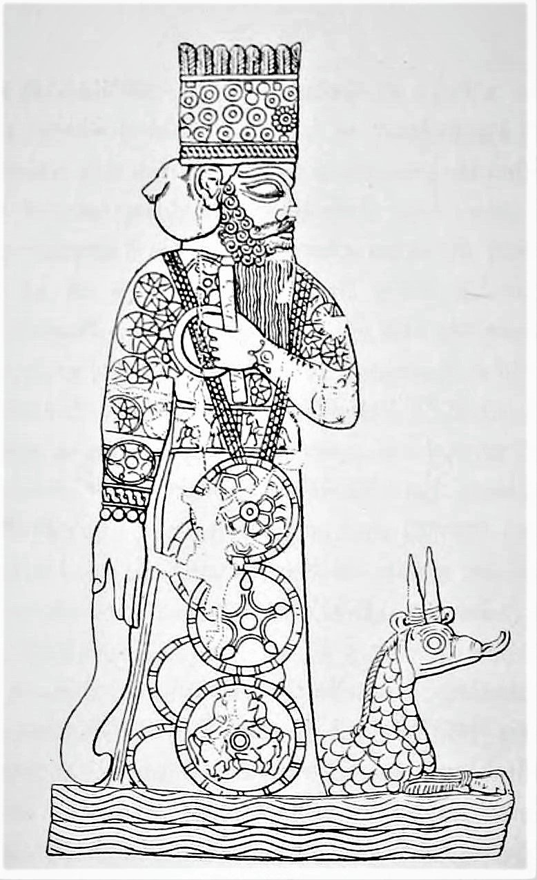 Marduk the victor, armed, standing on his dragon, the mušḫuššu. Drawing of a lapis-lazuli cylinder seal from Babylon, 9th century BC, published by F. H. Weissbach in 1903.