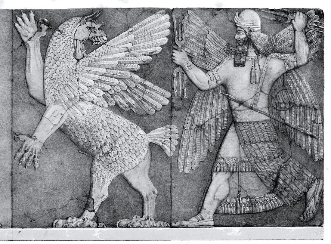 A god with thunderbolts drives off a winged monster. Relief from the temple of Ninurta at Nimrud, 9th century BC, drawn by Austen Henry Layard. It shows Ninurta and the bird-monster Anzu, a different story; it is often printed beside the Enūma eliš because it is the closest Assyrian picture of a god fighting a monster.