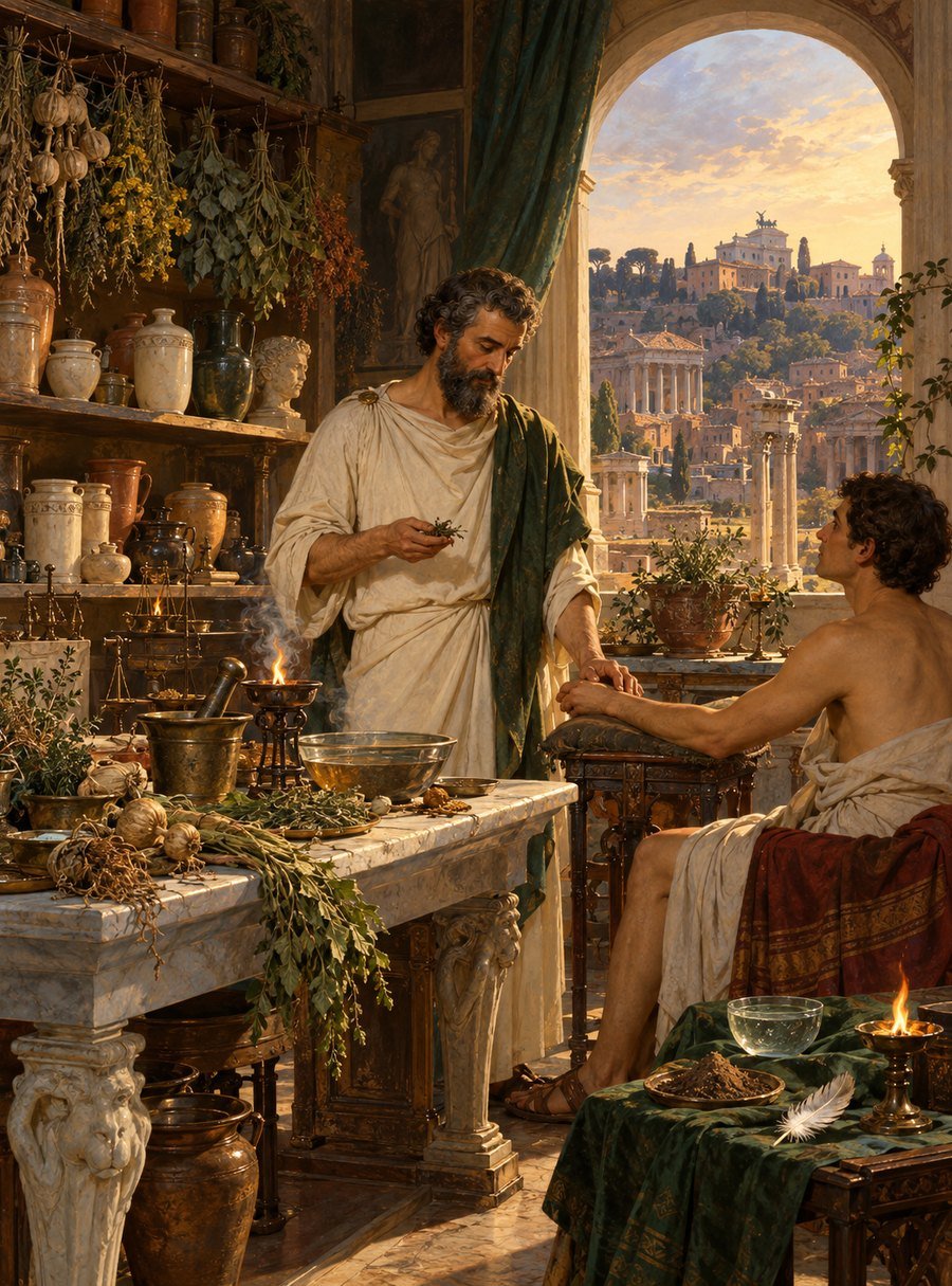 Galen, On Mixtures — interlinear cover · Galen among his drug jars in Rome