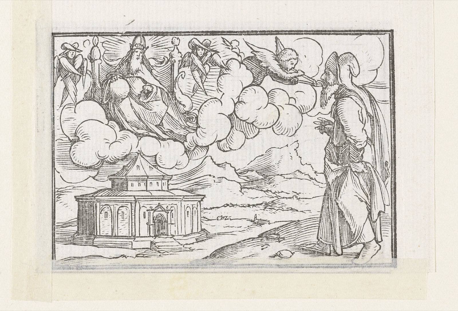 A seraph carries the coal on tongs to Isaiah’s lips, while the Lord sits enthroned above the Temple. Woodcut headed “Isaiae VI”.