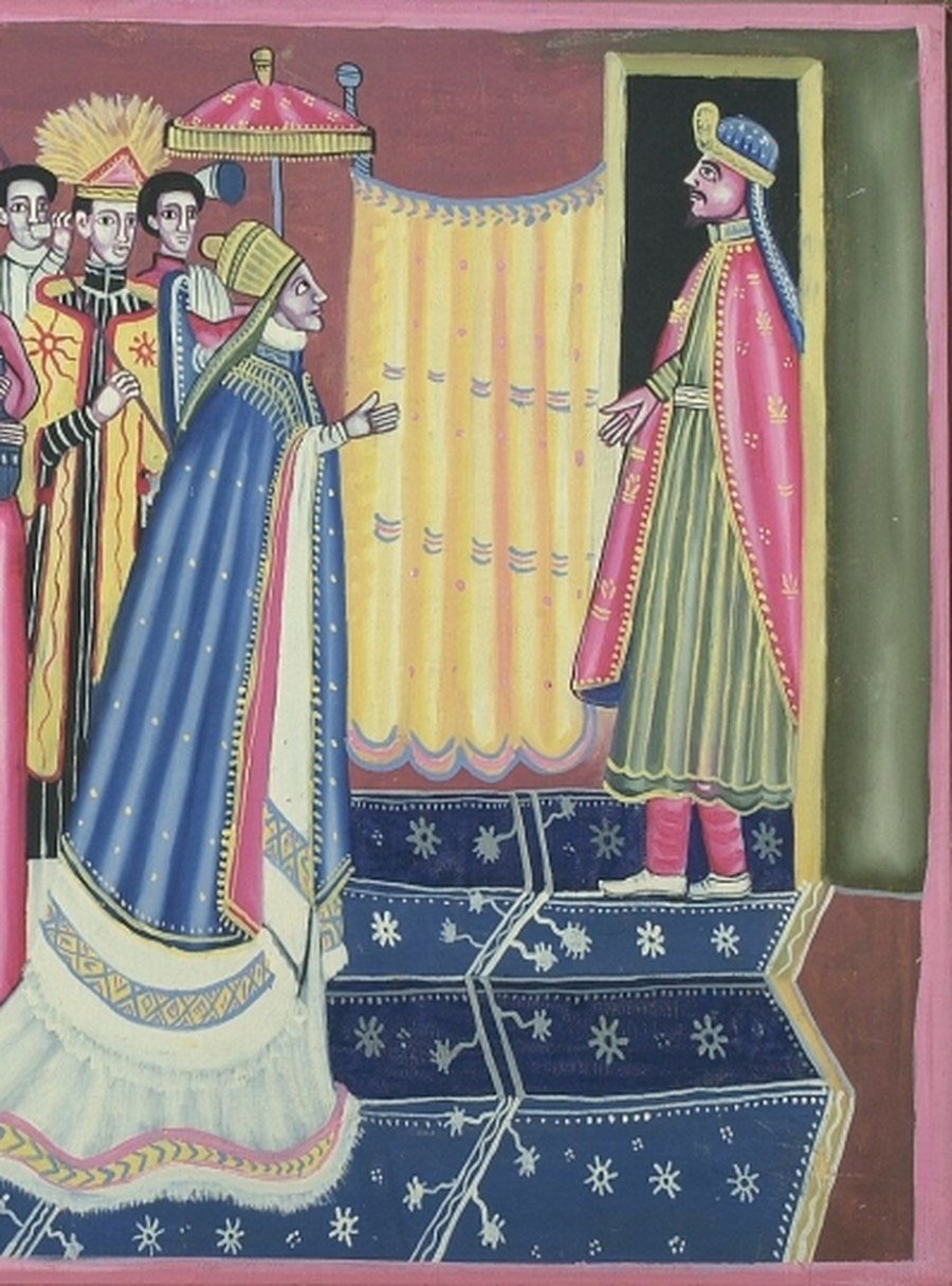 The Kebra Nagast: Queen Azeb (Sheba) meets King Solomon, Ethiopian painting, Tropenmuseum