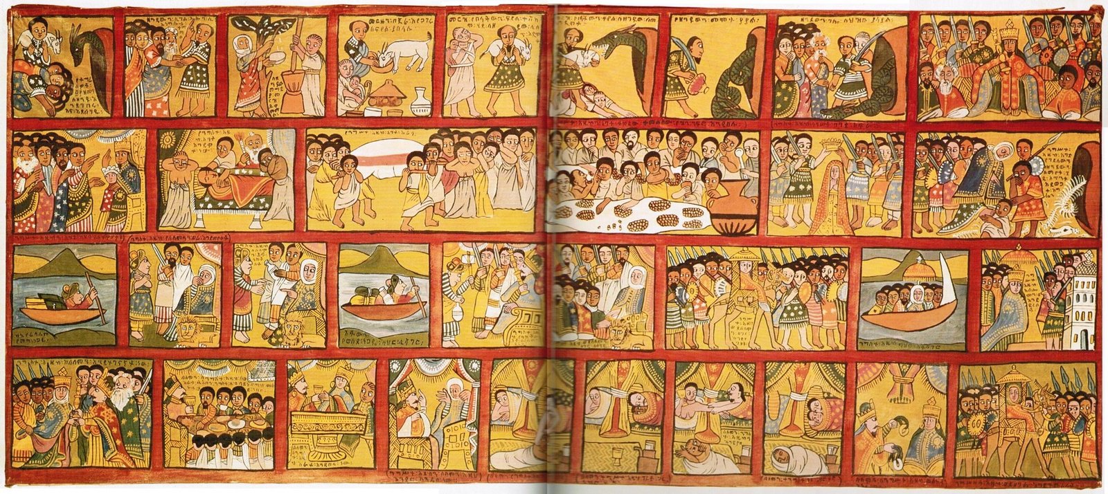 The legend of the queen as Ethiopian painters tell it, in forty-four scenes read like a book: the serpent king, her coronation, Tamrin’s journeys, her visit to Solomon, the birth of Menelik. Tap to see it full size.