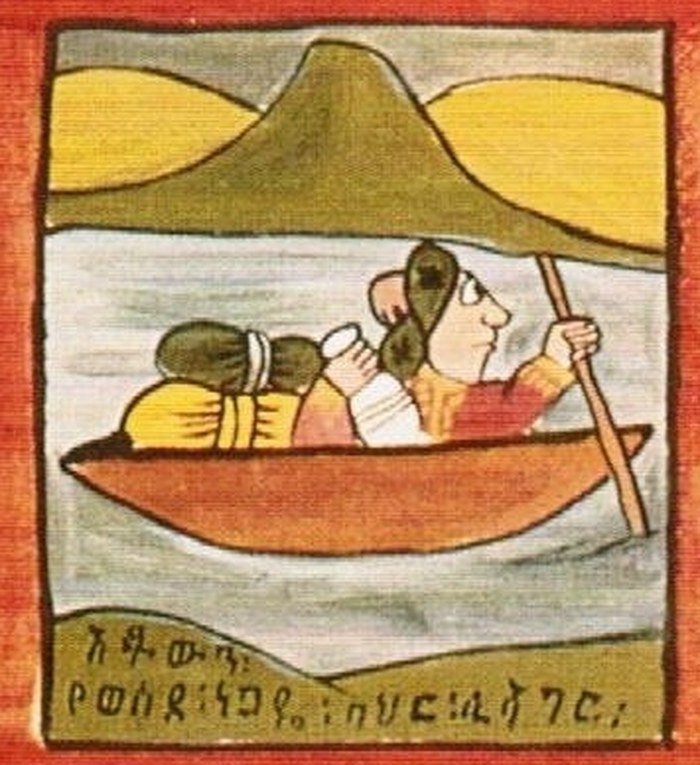 Tamrin sails home with his goods, from the painted legend.