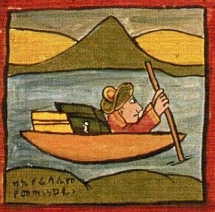 Tamrin the merchant takes his goods across the water, from the painted legend.