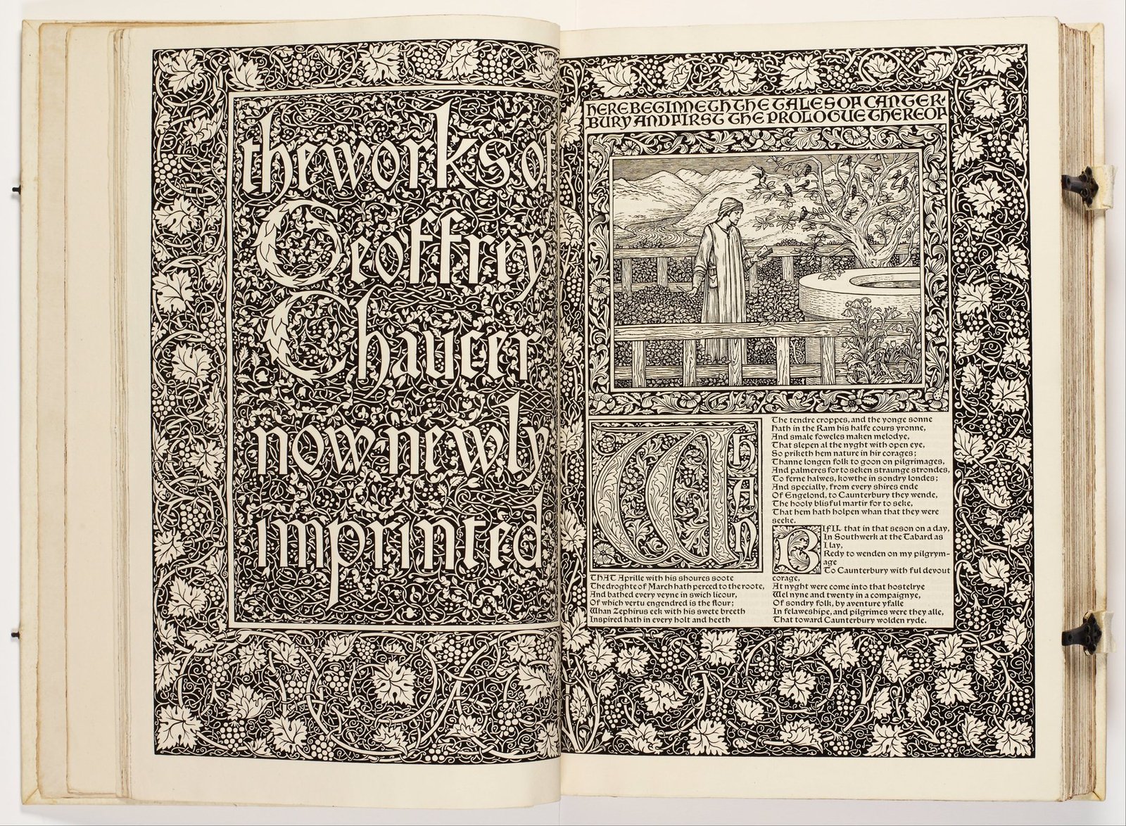 The same lines printed by William Morris at the Kelmscott Press, 1896, with a woodcut by Edward Burne-Jones. The text, edited for Morris by F. S. Ellis, follows Skeat’s