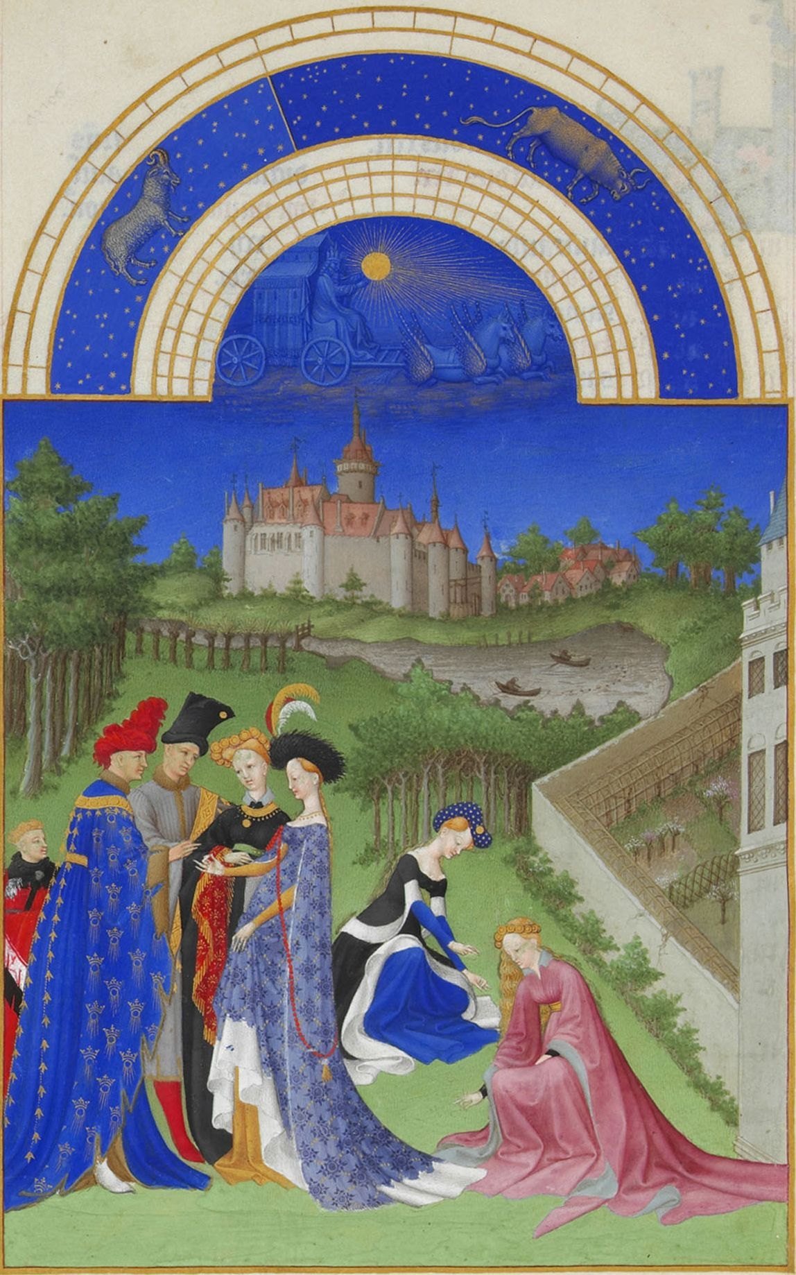 April in the Très Riches Heures, painted for the Duke of Berry about a dozen years after Chaucer’s death. In the arch above, the sun drives his chariot past the Ram into the Bull: “the yonge sonne / Hath in the Ram his halfe cours y-ronne”