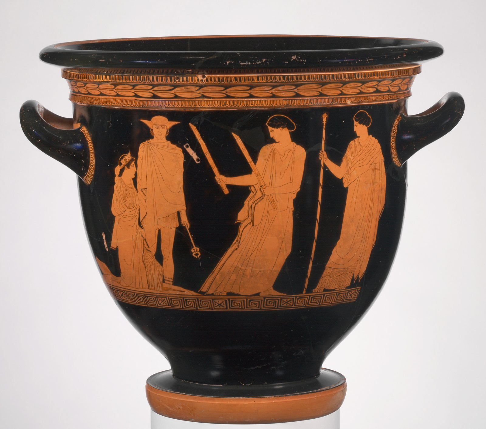Athenian red-figure mixing bowl, about 440 BC, painted by the Persephone Painter. Hekate, at the center with two torches, lights the way as Persephone climbs up from the underworld at left beside Hermes, toward her mother Demeter at right.