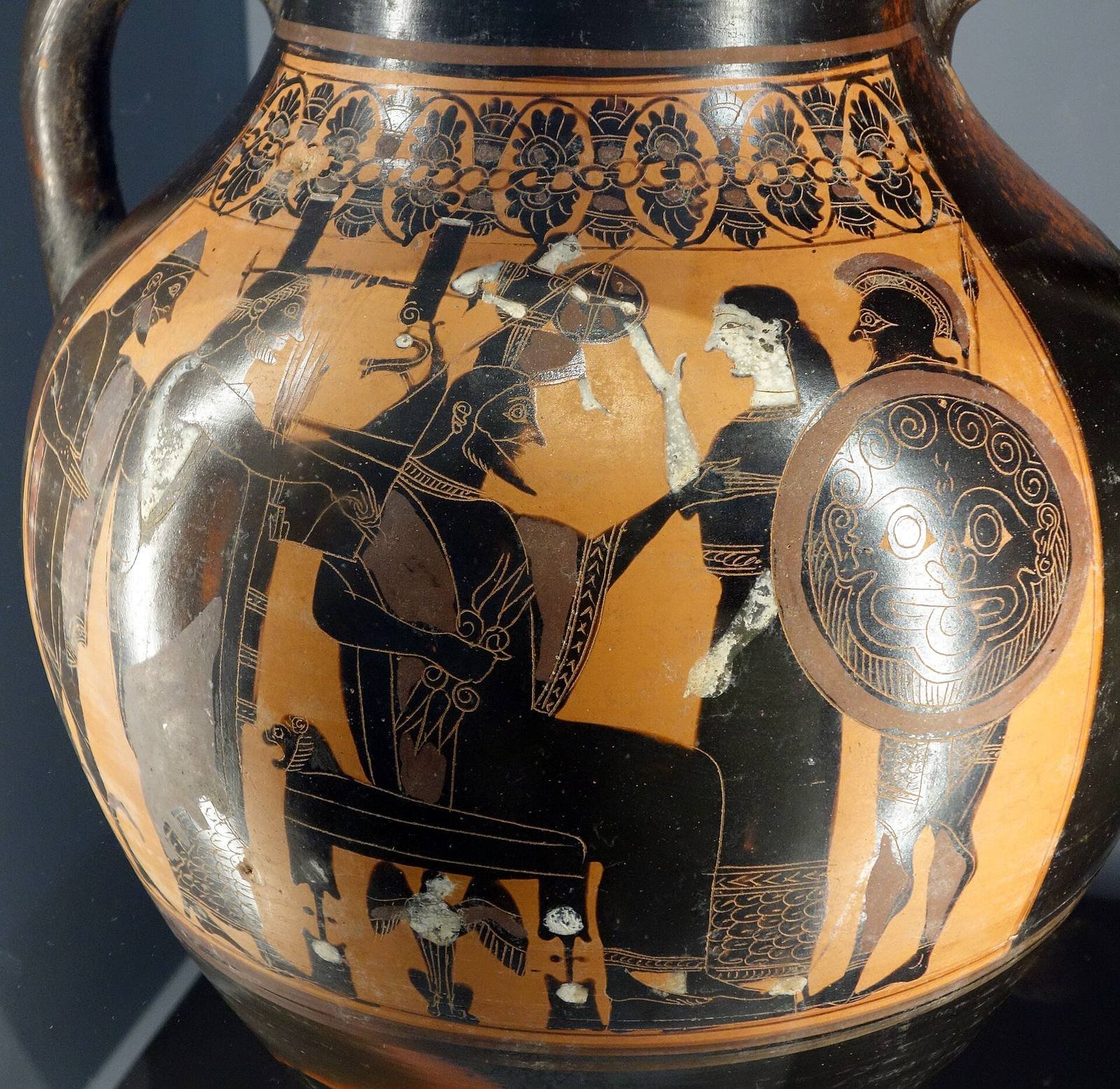 Athenian black-figure amphora, about 540 BC. Athena springs fully armed from the head of Zeus, and Eileithyia, the goddess who helps at births, stands before him with her hand raised toward the newborn.