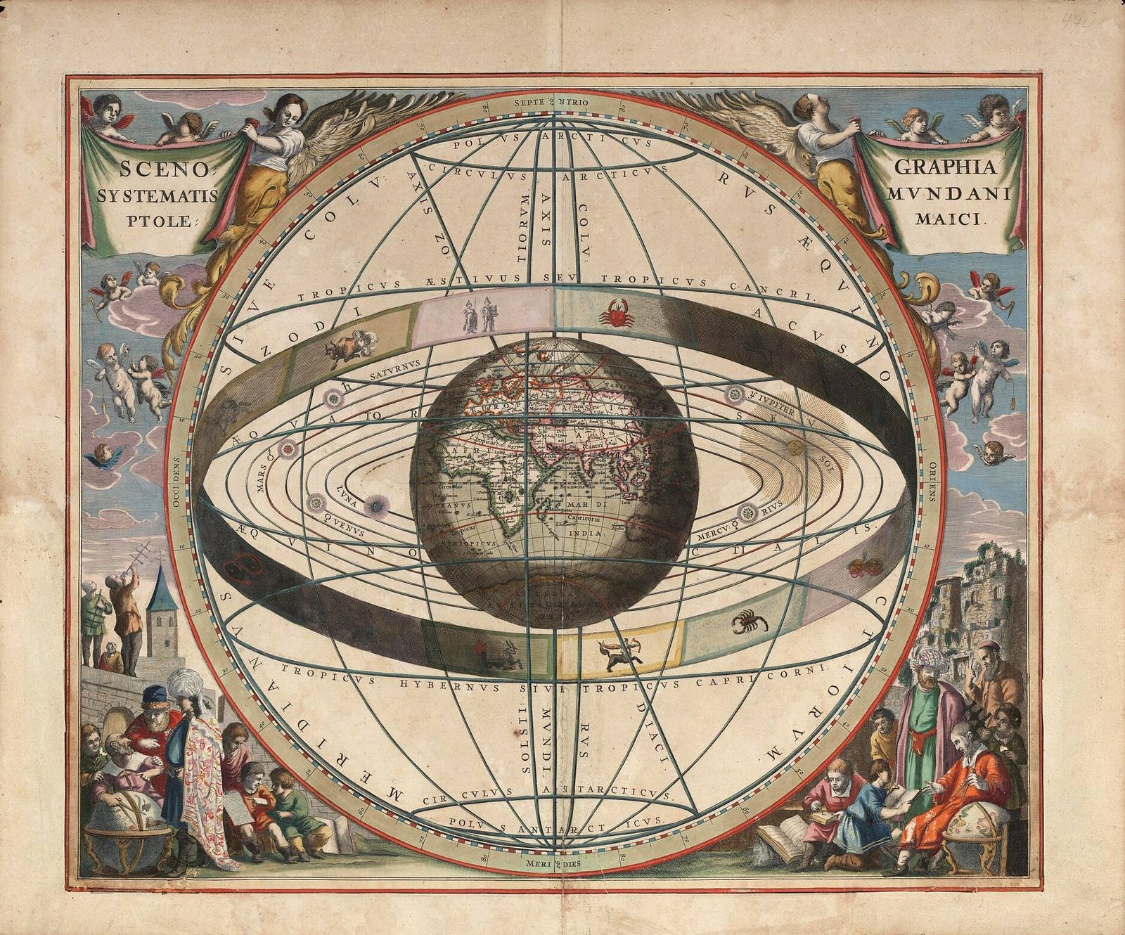 Andreas Cellarius, The Ptolemaic System of the World, a plate from his star atlas Harmonia Macrocosmica, 1660. Hand-colored engraving. The earth sits at the center, ringed by the paths of the moon, the sun and the planets and by the band of the zodiac, the heavens turning around the earth as this hymn describes.