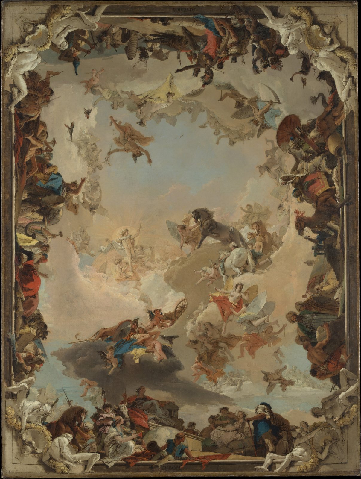 Giovanni Battista Tiepolo, Allegory of the Planets and Continents, 1752. Oil sketch for a palace ceiling in Würzburg. The shining upper air opens overhead and holds up Apollo as the sun, with the gods of the planets on their clouds.