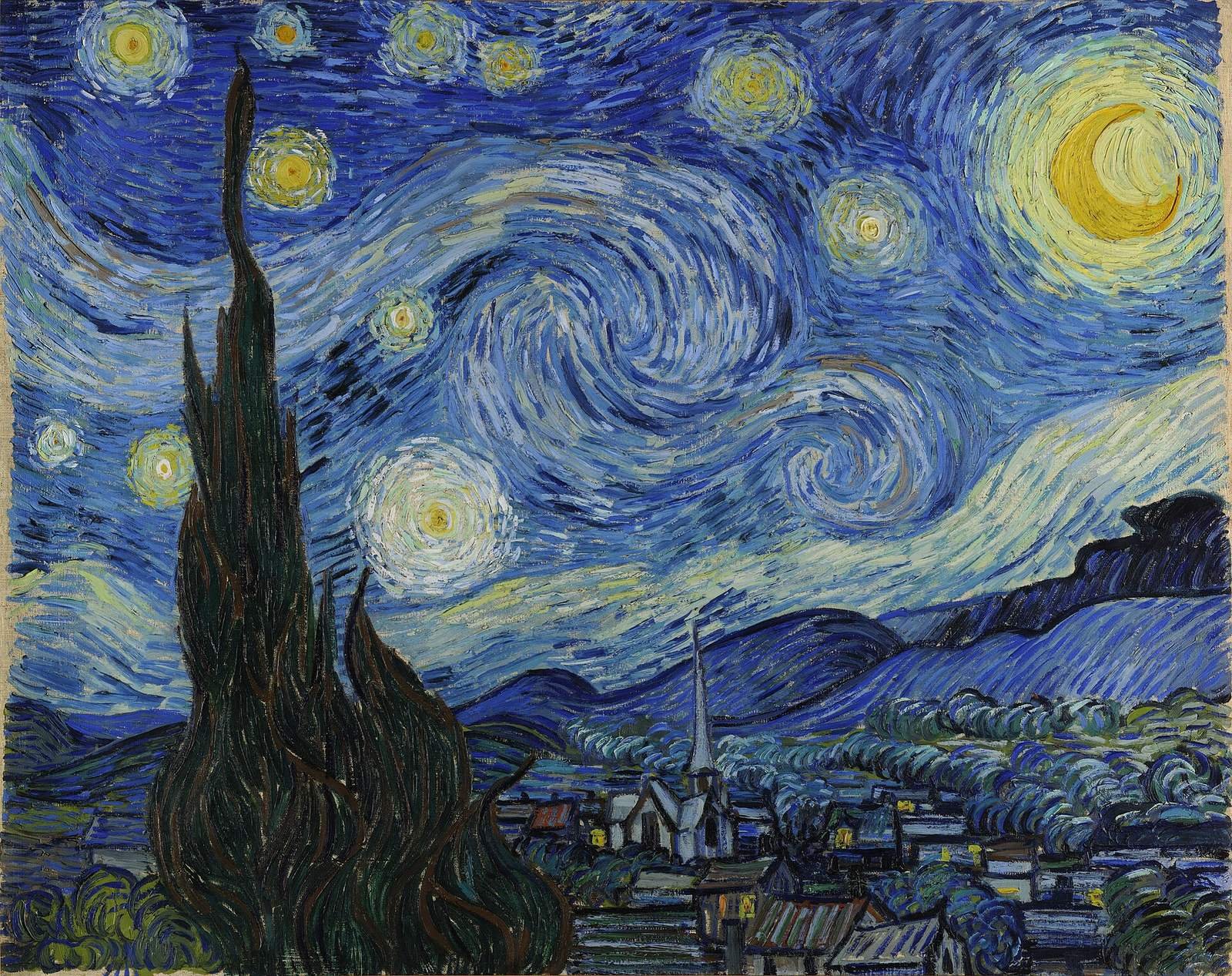 Vincent van Gogh, The Starry Night, 1889. Oil on canvas. Stars and a crescent moon blaze and wheel in great swirls over a village at night.
