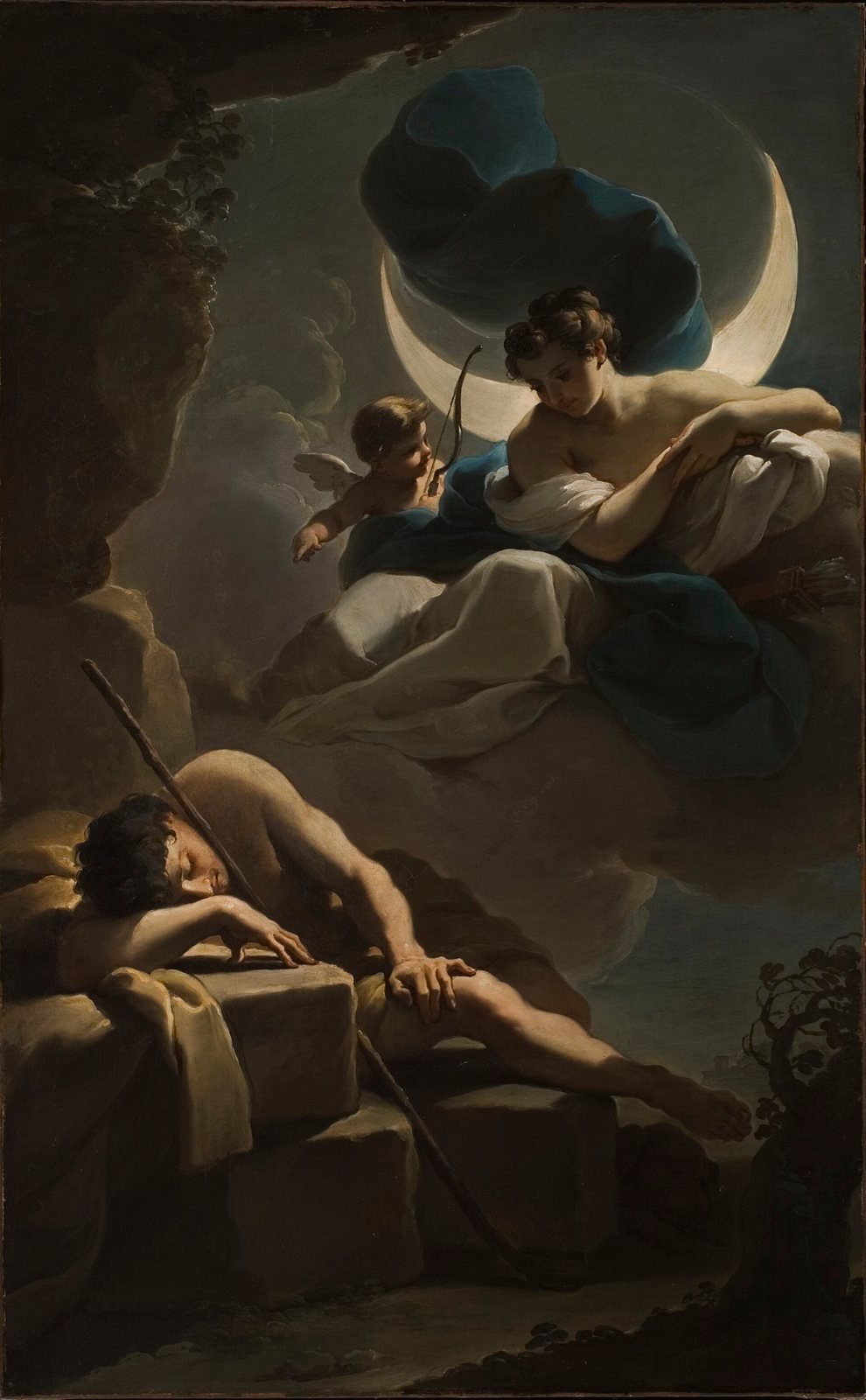 Ubaldo Gandolfi, Selene and Endymion, about 1770. Oil on canvas. Selene, the Moon, with a great crescent behind her, comes down through the night to the sleeping shepherd Endymion.