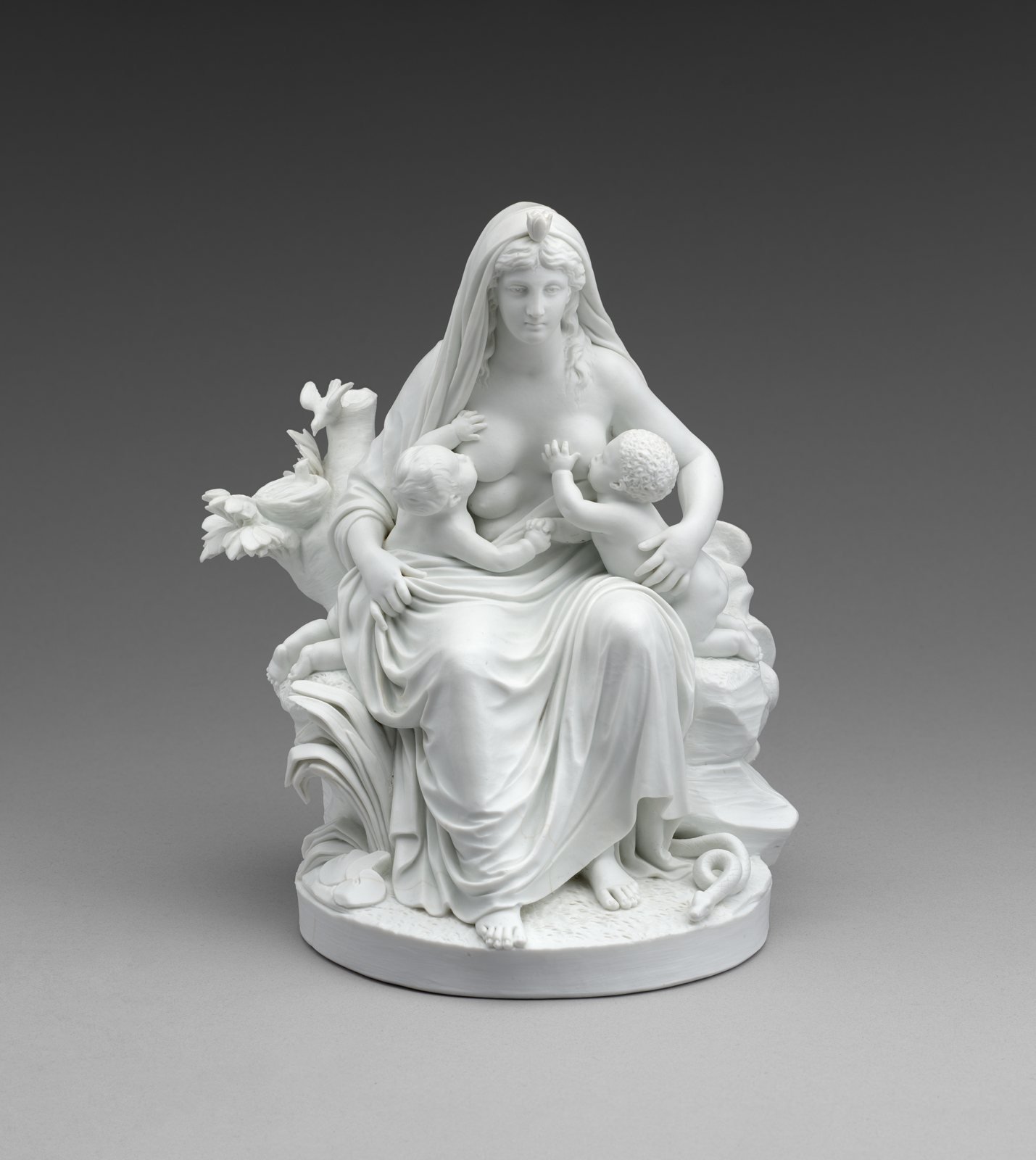 Louis-Simon Boizot, Nature, about 1794 to 1795. Unglazed porcelain made at Sèvres. Nature, veiled, nurses a European child and an African child at once; the hymn calls her mother and nurse of all.