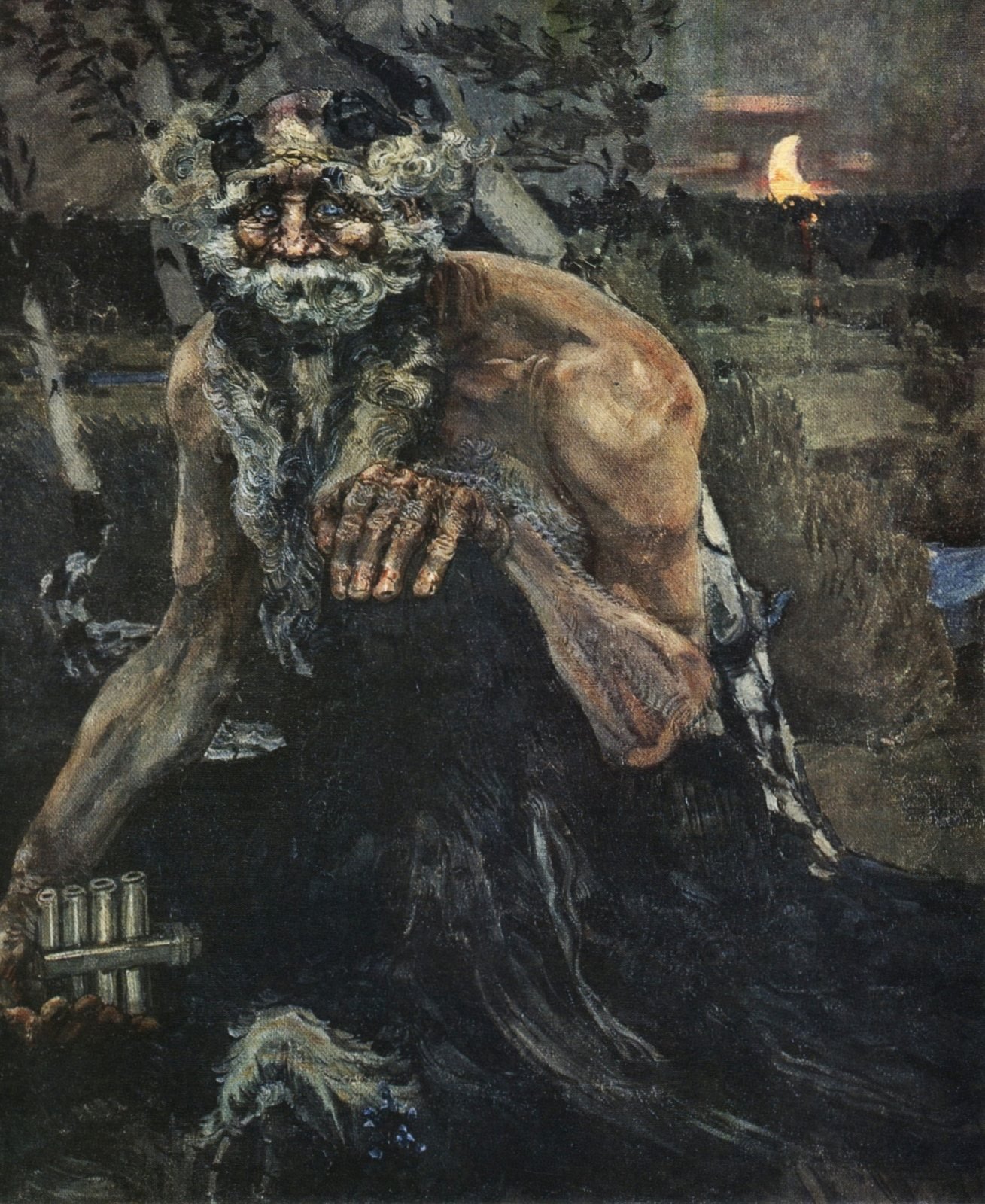 Mikhail Vrubel, Pan, 1899. Oil on canvas. Pan, the horned god of shepherds, sits in a twilight landscape with his pipes in his hand, under a crescent moon low on the horizon.