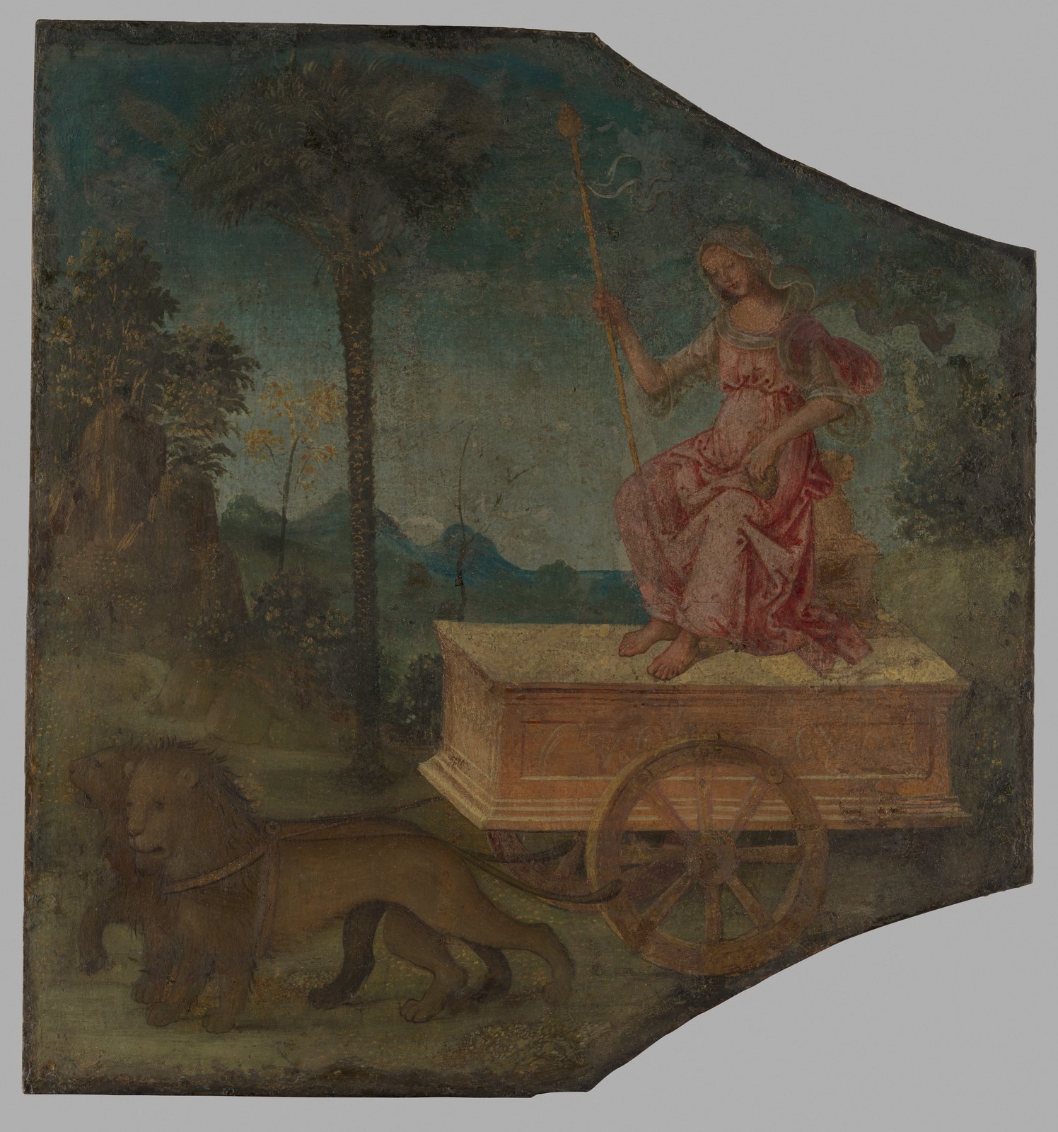 Pinturicchio, The Triumph of Cybele, about 1509. Fresco from a palace ceiling in Siena. Cybele, the Great Mother whom the Greeks identified with Rhea, rides a wheeled cart drawn by two lions.