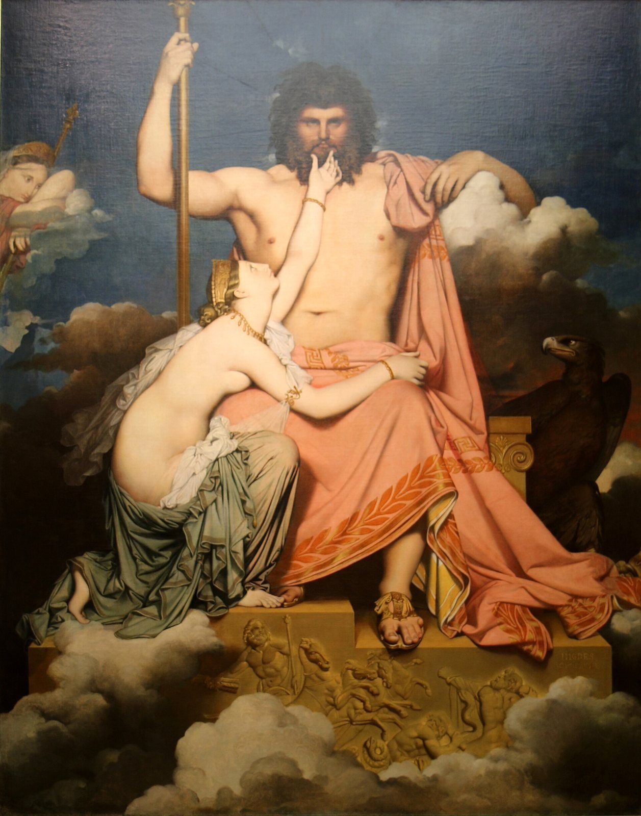 Jean-Auguste-Dominique Ingres, Jupiter and Thetis, 1811. Oil on canvas. Zeus, whom the Romans called Jupiter, sits enthroned in the sky with his scepter and his eagle as the sea goddess Thetis kneels to beg his help for her son Achilles.