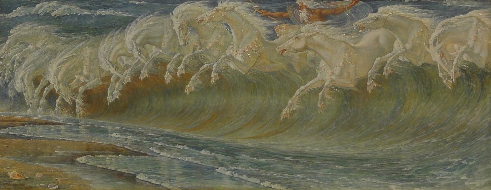 Walter Crane, Neptune's Horses, 1892. Oil on canvas. Poseidon, whom the Romans called Neptune, drives his white horses out of a breaking wave, their manes turning into foam.