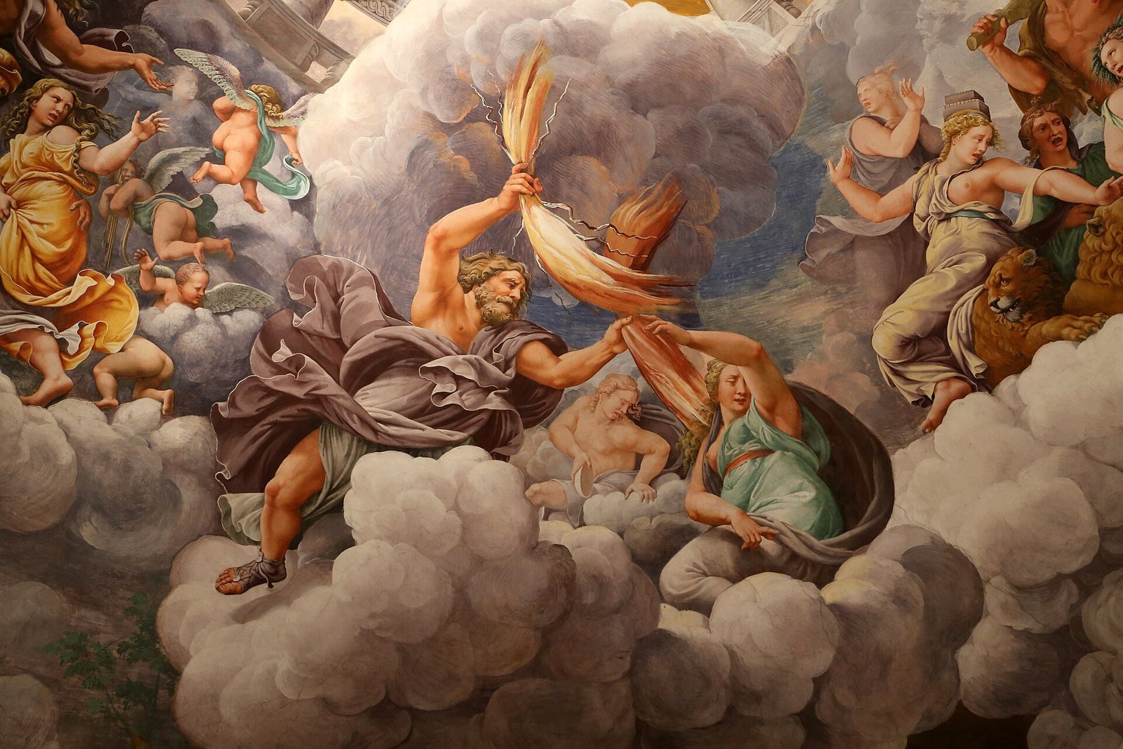Giulio Romano and Rinaldo Mantovano, The Fall of the Giants, 1532 to 1535. Fresco in the Palazzo Te, Mantua. From the ceiling, Jupiter, the Roman Zeus, hurls bundles of thunderbolts at the giants painted on the walls below.