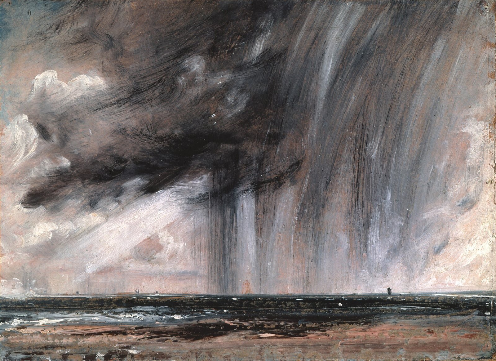 John Constable, Rainstorm over the Sea, about 1824 to 1828. Oil on paper. A dark storm cloud drops its rain on the sea off Brighton while a shaft of sunlight breaks through beside it.