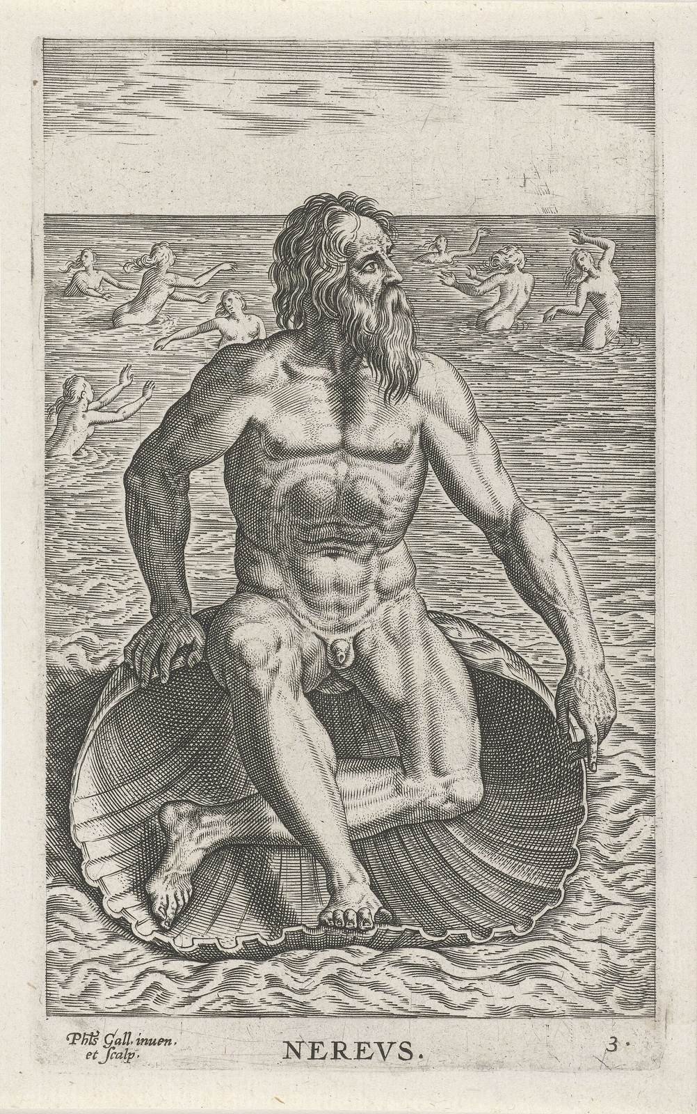 Philips Galle, Nereus, 1586. Engraving. The old sea god sits on a scallop shell while his daughters, the Nereids, swim and play in the waves behind him.
