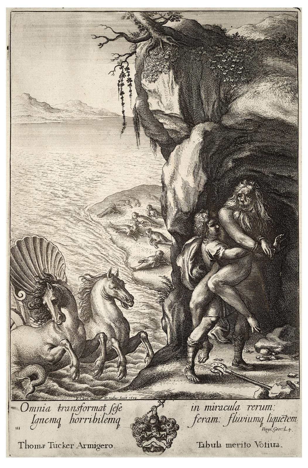 Wenceslaus Hollar after Francis Cleyn, Aristaeus and Proteus, 1653. Etching for John Ogilby's English Virgil. Aristaeus grips Proteus, shown with a lion's head as he changes shape, at the mouth of his sea cave; the Latin verse below, from Virgil, says he turns himself into every kind of wonder.