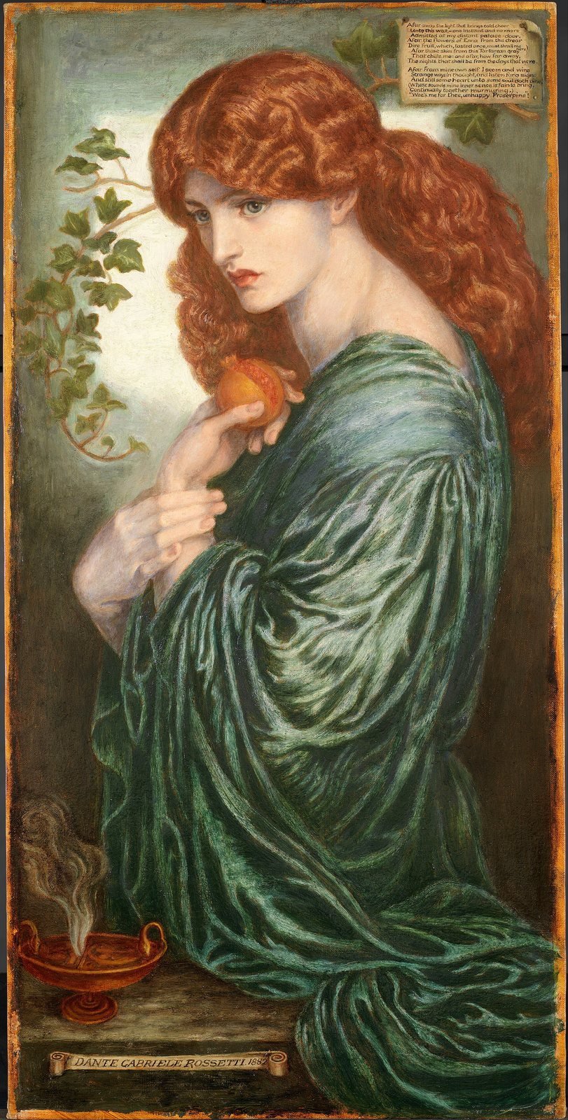 Dante Gabriel Rossetti, Proserpine, 1882. Oil on canvas. Proserpine, the Roman name for Persephone, holds the pomegranate whose seeds bound her to the underworld; this is the last version of the picture, finished in the year Rossetti died.