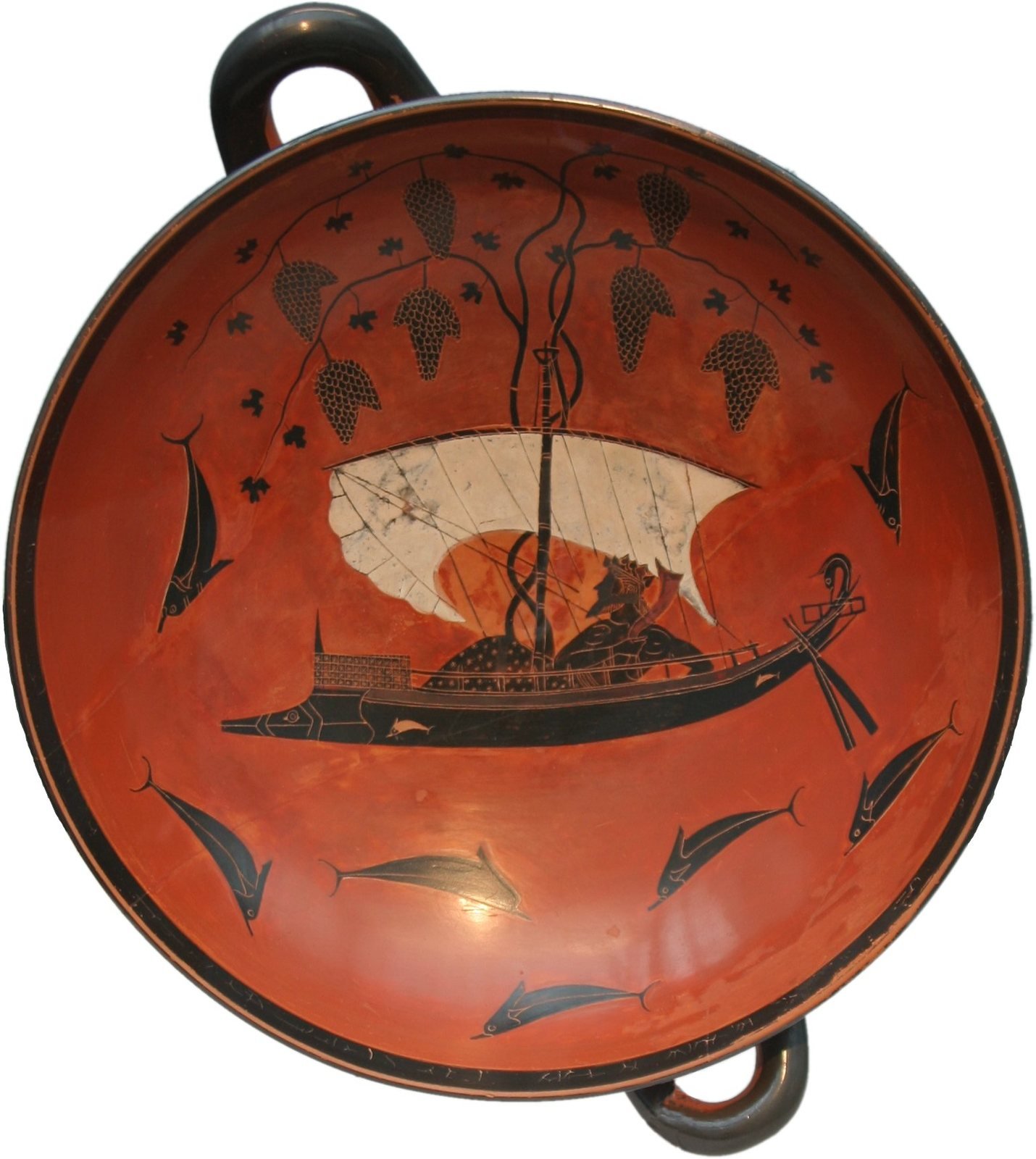 Exekias, the Dionysus cup, about 530 BC. Athenian black-figure drinking cup, signed by Exekias as potter. Dionysus reclines in a ship whose mast sprouts a grapevine, and dolphins leap around him.