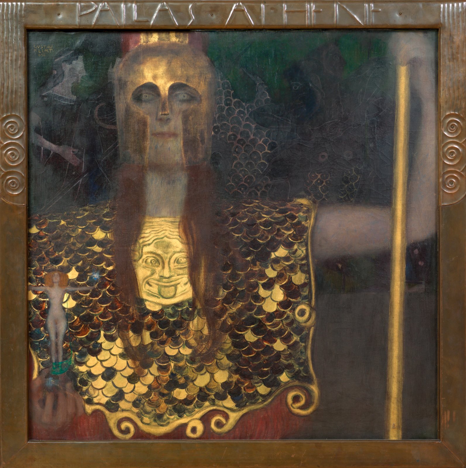 Gustav Klimt, Pallas Athene, 1898. Oil on canvas. Athena looks out from a gold helmet and scaled armor that bears the Gorgon's head, holding her spear and a small nude figure of Truth, in a frame Klimt designed.