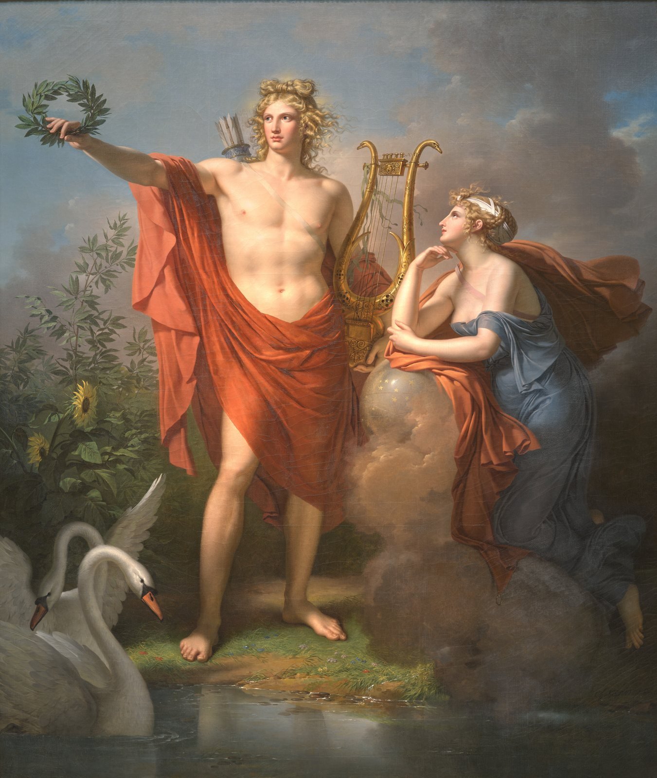 Charles Meynier, Apollo, God of Light, Eloquence, Poetry and the Fine Arts, with Urania, Muse of Astronomy, 1798. Apollo holds out a laurel wreath beside his golden lyre while Urania leans on a globe, and two swans swim at his feet.