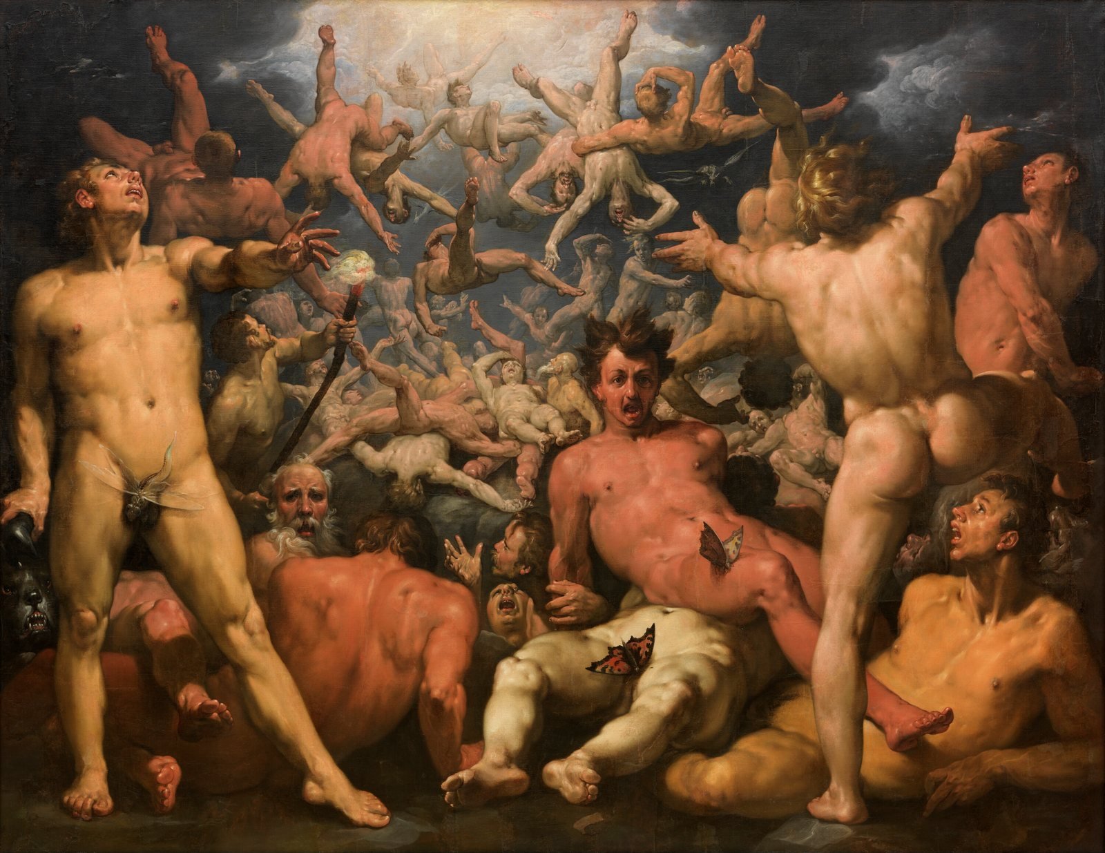 Cornelis van Haarlem, The Fall of the Titans, 1588 to 1590. Oil on canvas. The Titans, children of Earth and Sky, tumble from the heavens and lie heaped together after their defeat by Zeus.