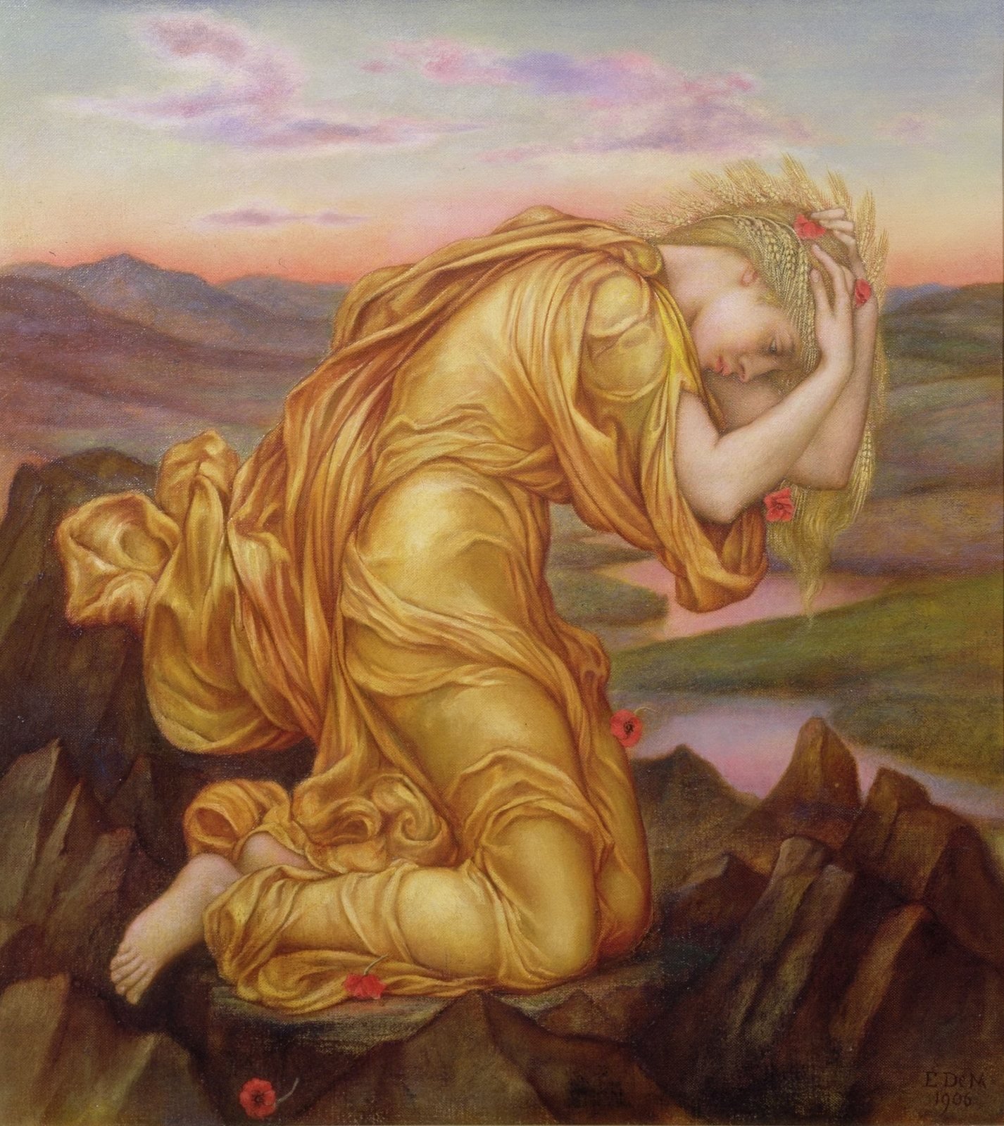 Evelyn De Morgan, Demeter Mourning for Persephone, 1906. Crowned with ears of grain, Demeter kneels on bare rocks in grief for her lost daughter while poppies fall from her hair.