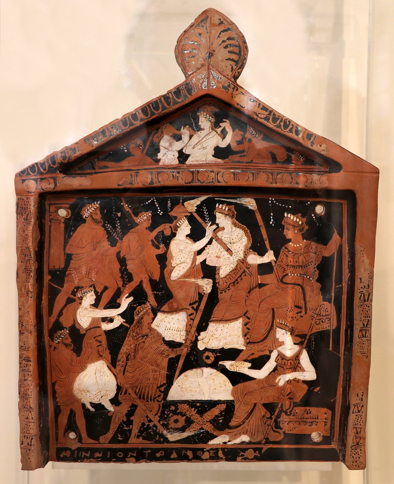 No ancient image of Mise has been identified. This painted clay tablet from Eleusis, offered by a woman named Ninnion in the mid-4th century BC, shows Demeter and Persephone receiving initiates led by a torch-bearer, probably Iakchos, a name the hymn gives to Mise.