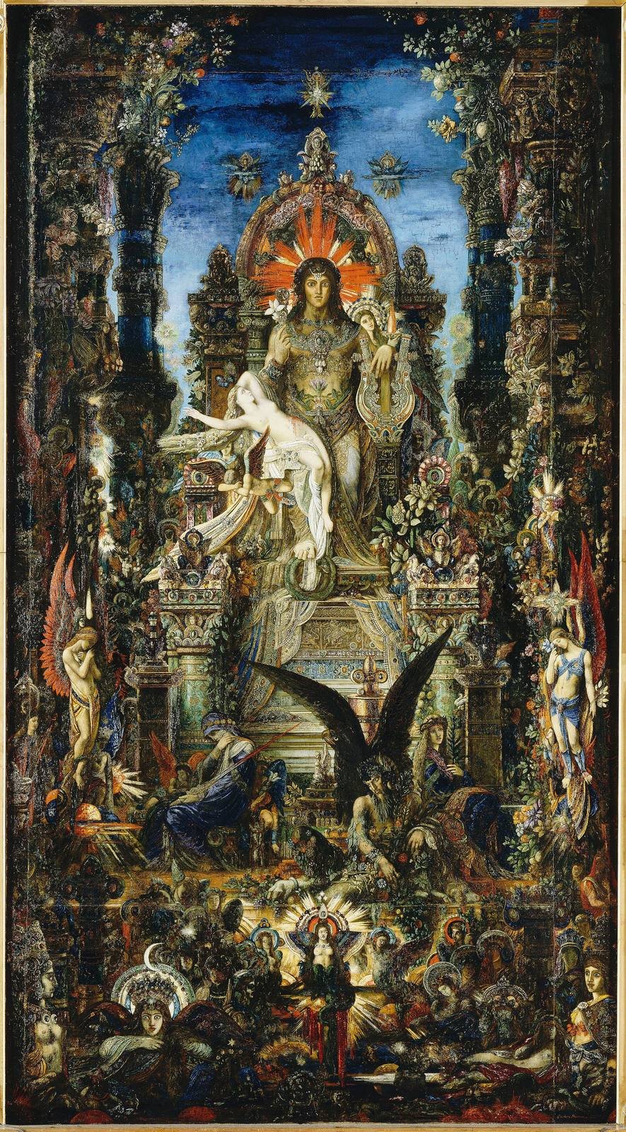 Gustave Moreau, Jupiter and Semele, 1894 to 1895. Oil on canvas. Semele, mother of Dionysus, lies dying across the knees of Zeus (Jupiter), who sits enthroned in the full blaze of his glory.