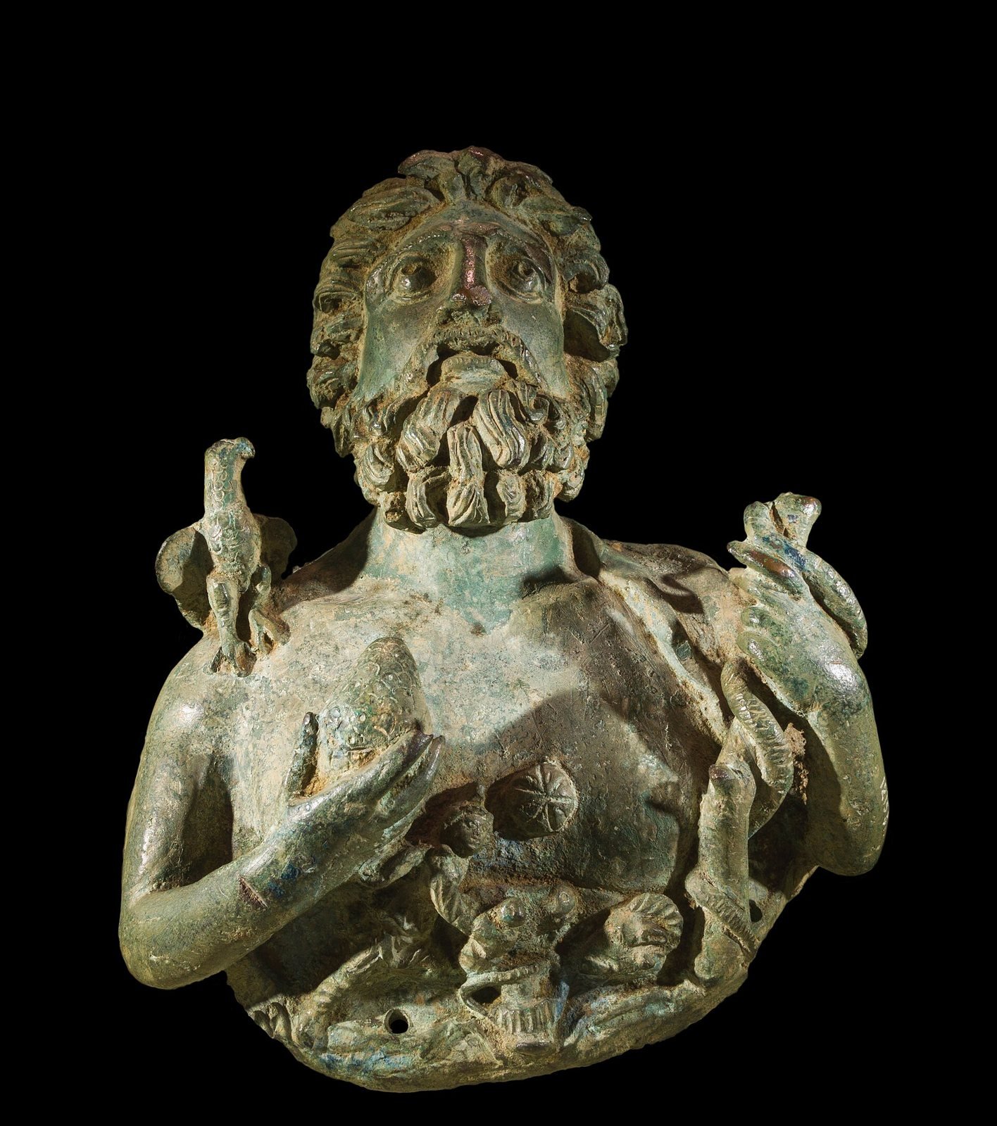 Bronze bust of Sabazios, 2nd century AD. The Phrygian god is shown bearded like Zeus, with an eagle perched on his shoulder and a snake coiled in his hand.