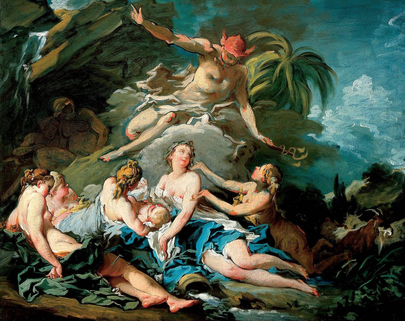 No ancient image of Hippa survives. François Boucher, Mercury Entrusting the Infant Bacchus to the Nymphs of Nysa, 1734. Oil on canvas. Mercury (Hermes) has brought the baby god to the nymphs who will nurse him.