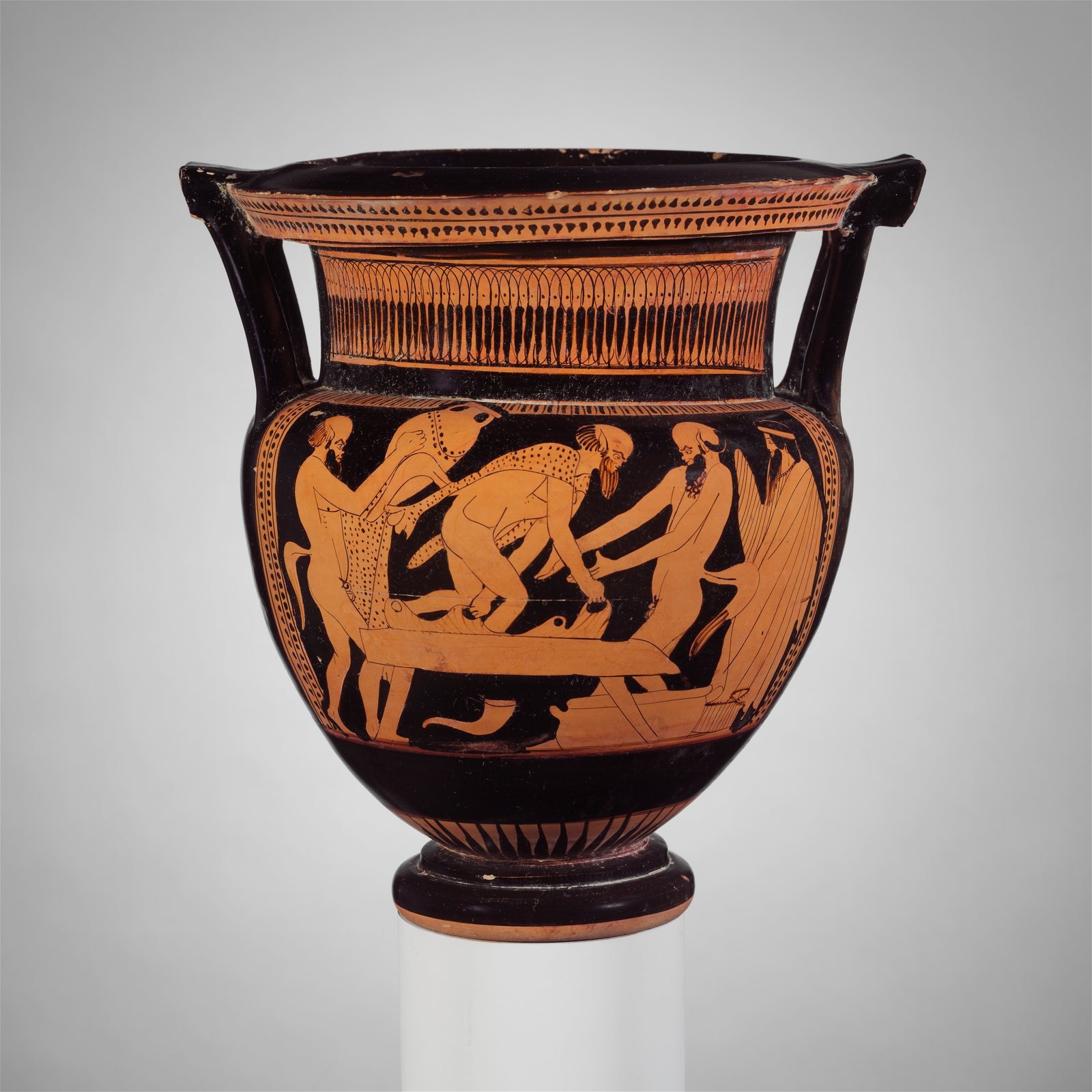 Athenian red-figure column-krater, about 460 to 450 BC, attributed to the Cleveland Painter. Satyrs tread grapes in a wine press while Dionysus, god of the wine press, stands by.
