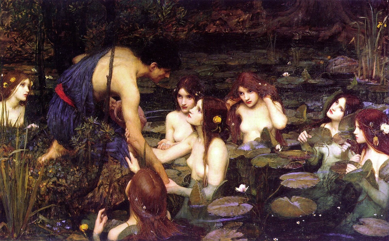 John William Waterhouse, Hylas and the Nymphs, 1896. Oil on canvas. Water nymphs rise from a lily pool and draw the young Hylas down into their spring.
