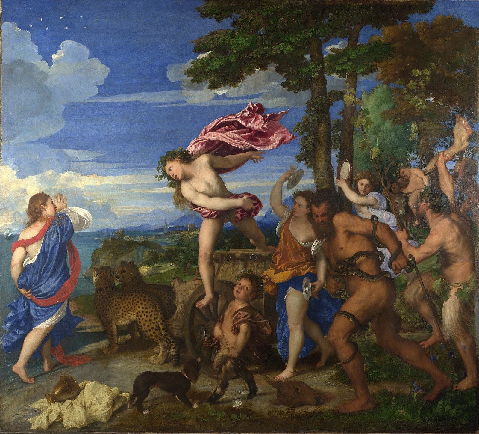 Titian, Bacchus and Ariadne, 1520 to 1523. Oil on canvas. Bacchus leaps from his chariot, drawn by two cheetahs, toward Ariadne, with his band of satyrs and Maenads behind him.