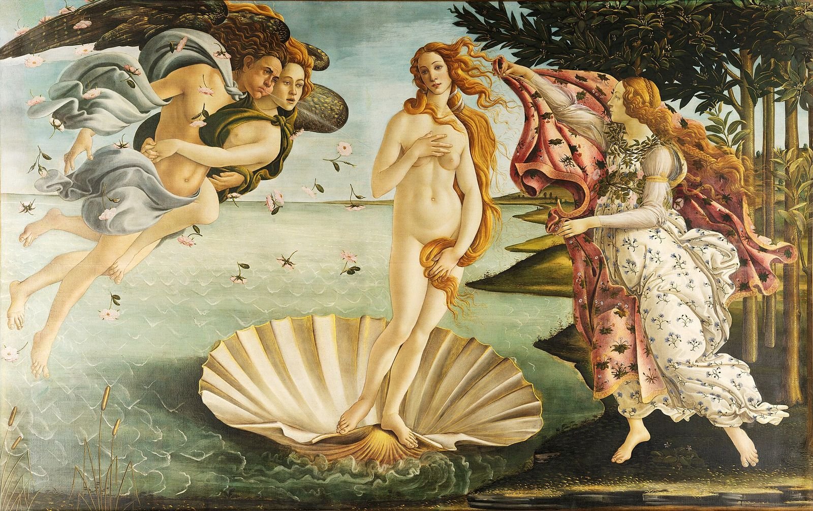 Sandro Botticelli, The Birth of Venus, about 1485. Tempera on canvas. Venus, the Roman name for Aphrodite, comes ashore on a scallop shell, blown by the winds, as a goddess of the seasons hurries to wrap her in a cloak.