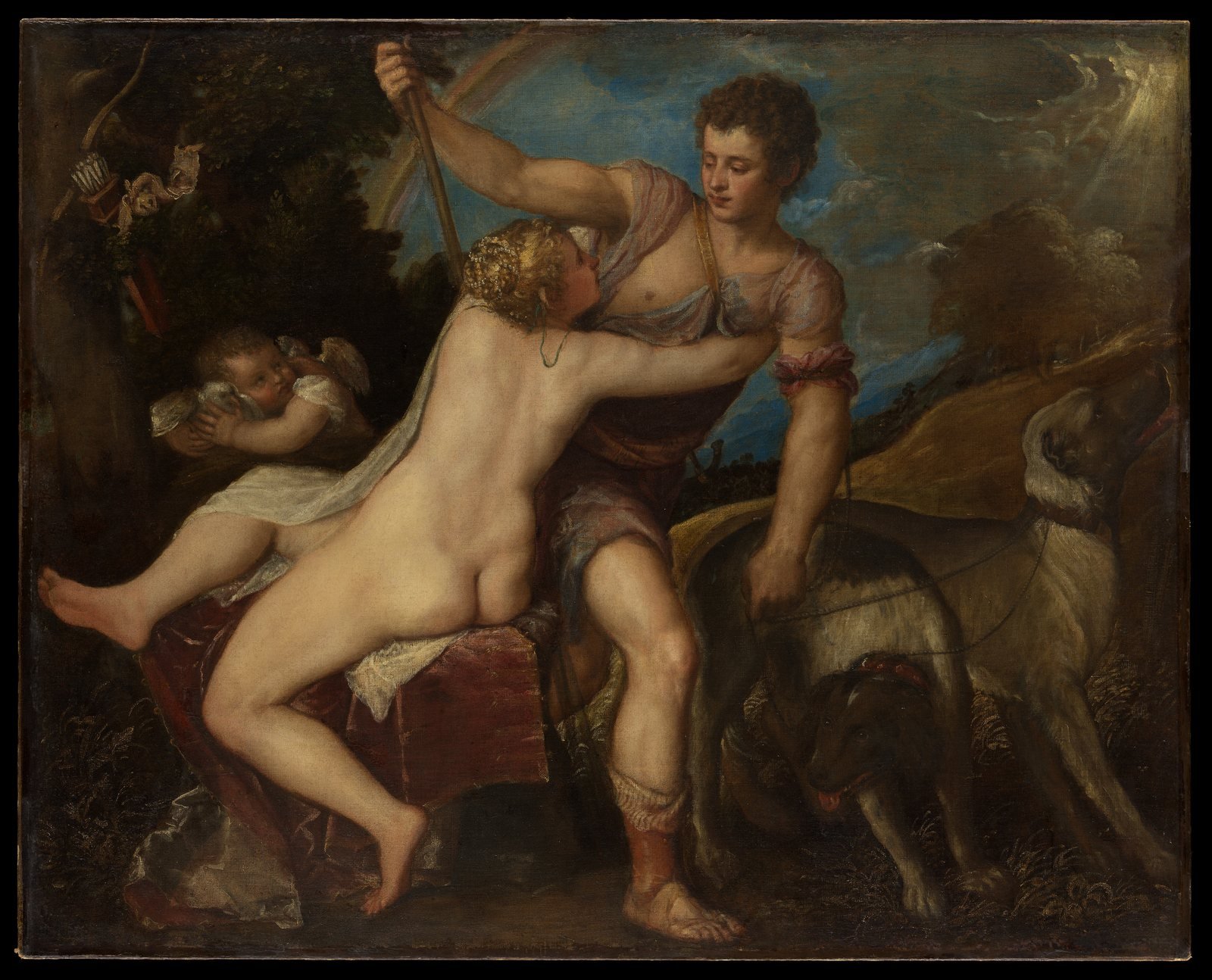 Titian, Venus and Adonis, 1550s. Oil on canvas. Venus (Aphrodite) clings to Adonis as he sets out with his hounds for the hunt that will end his life.