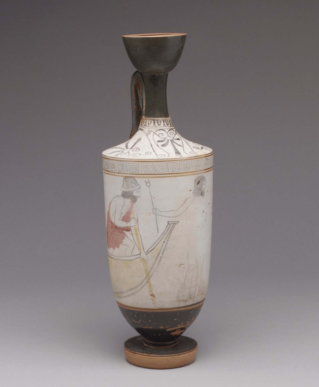 Athenian white-ground lekythos, about 450 BC, attributed to the Sabouroff Painter. Hermes, holding his herald's staff, beckons the dead toward Charon, who waits in his boat.
